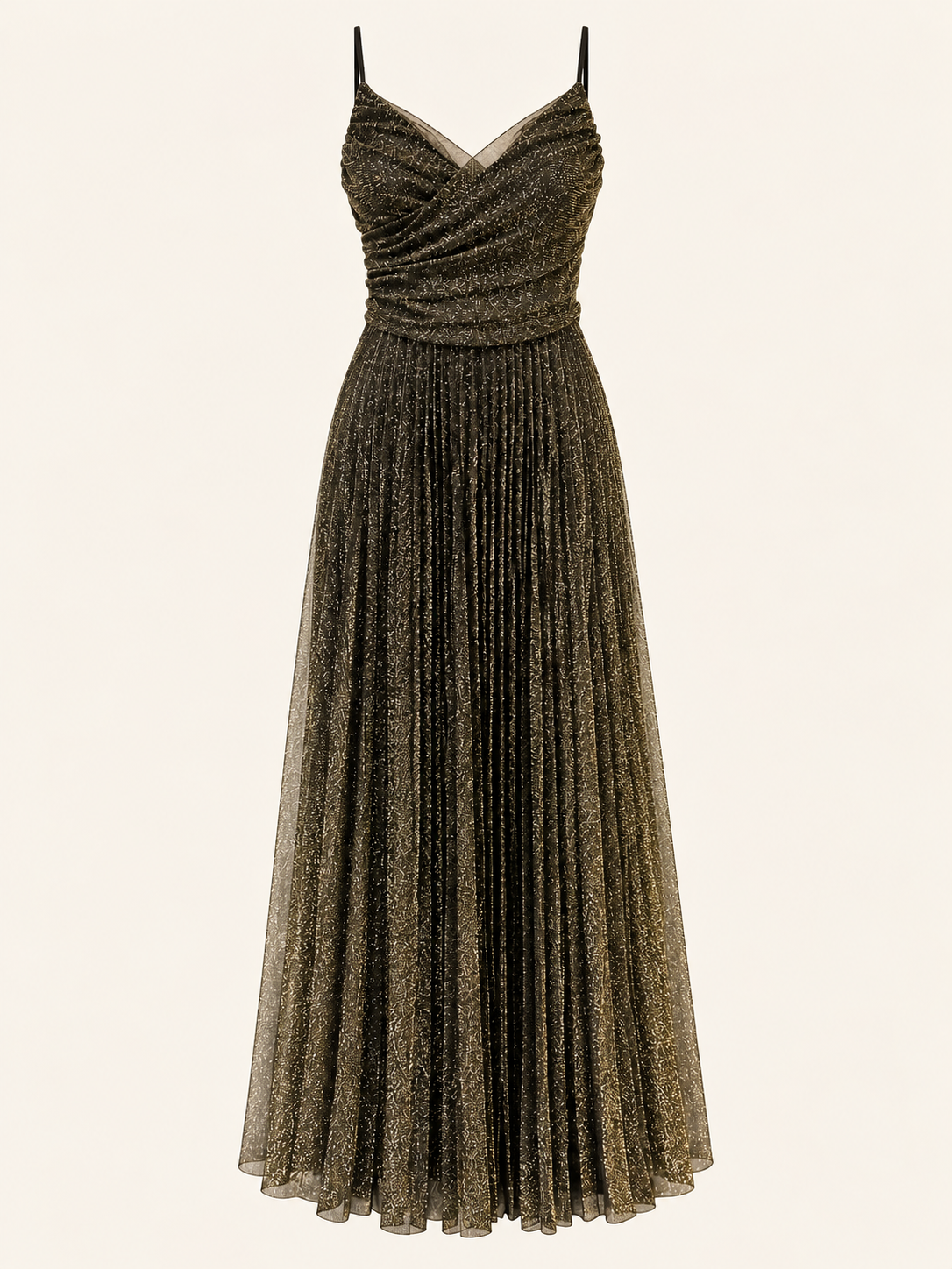 Black & Gold Glitter Pleated Maxi Evening Dress - Party Dress