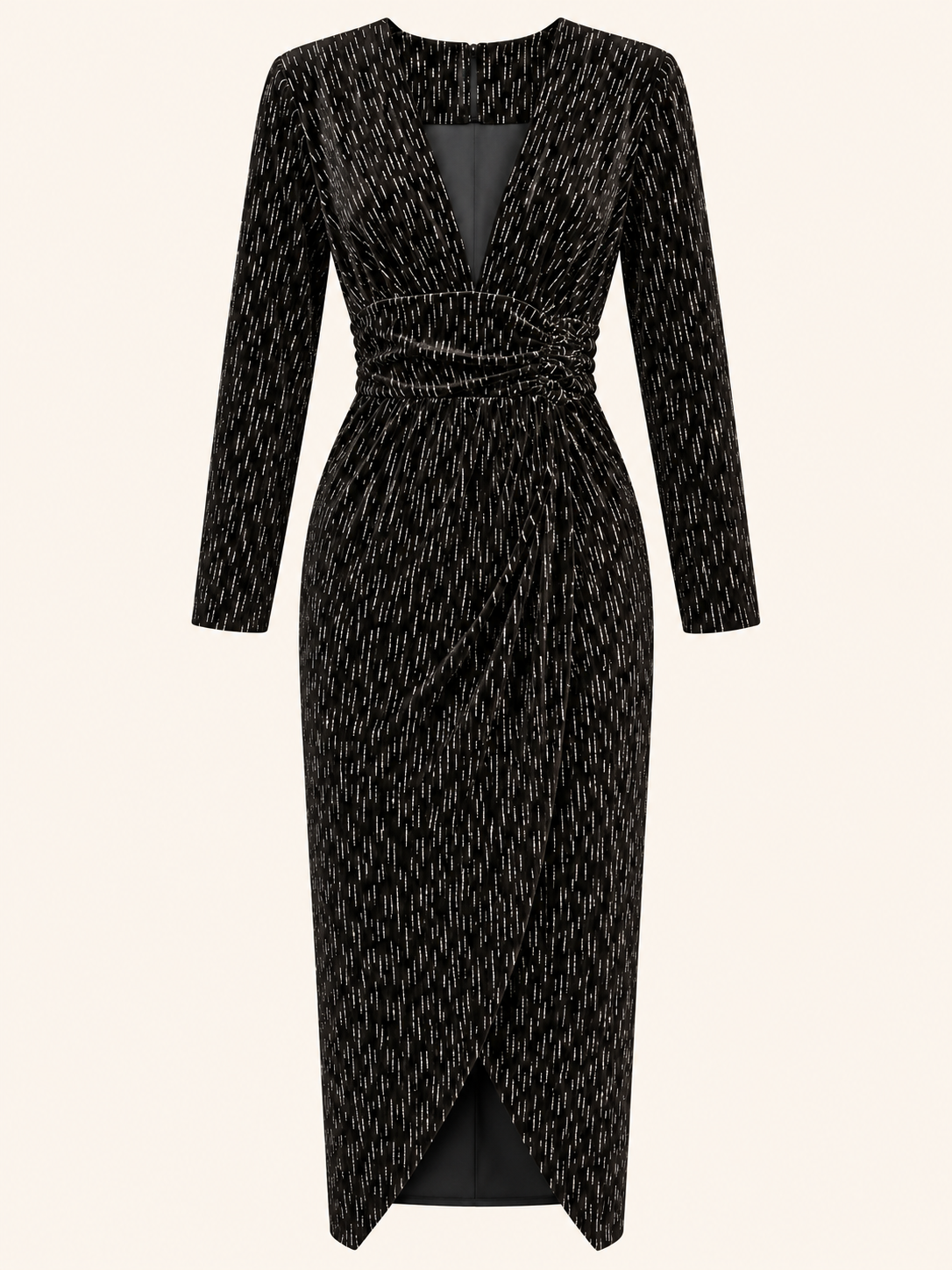 Black Velvet Midi Dress With Silver Shimmer & Ruched Waist - Party Dress