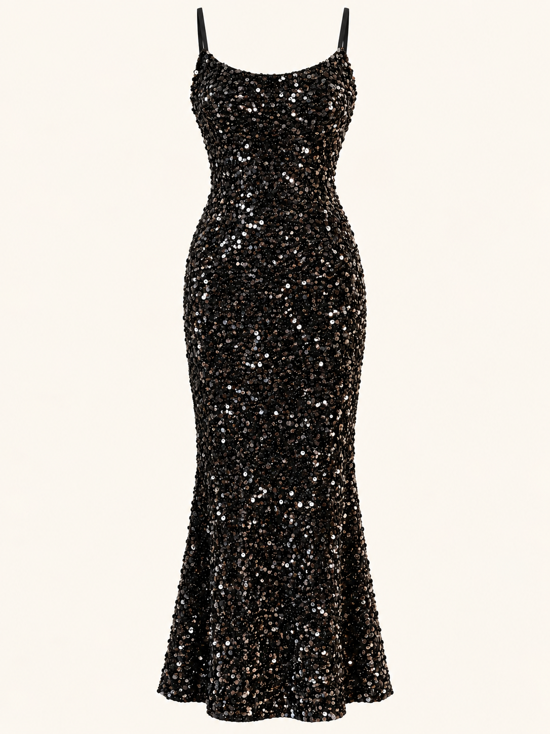 Black Sequin Maxi Evening Dress With Spaghetti Straps - Party Dress