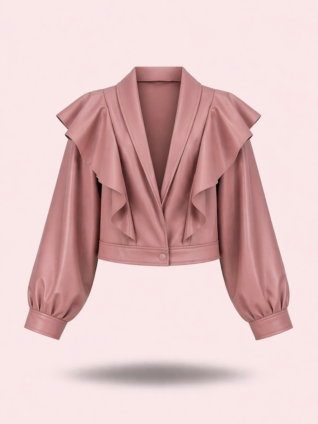 Dusty Rose Ruffle Cropped Relaxed Fit Jacket in Eco Leather - Elegant Statement Blazer