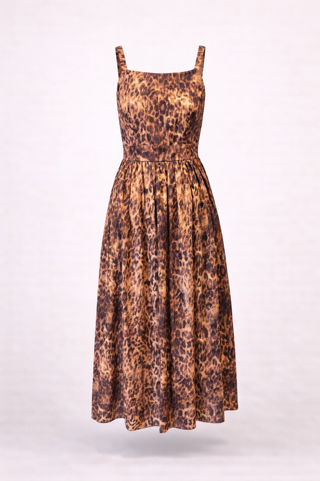 Leopard Print Midi Dress - Square Neck Sleeveless Elegant Summer Dress