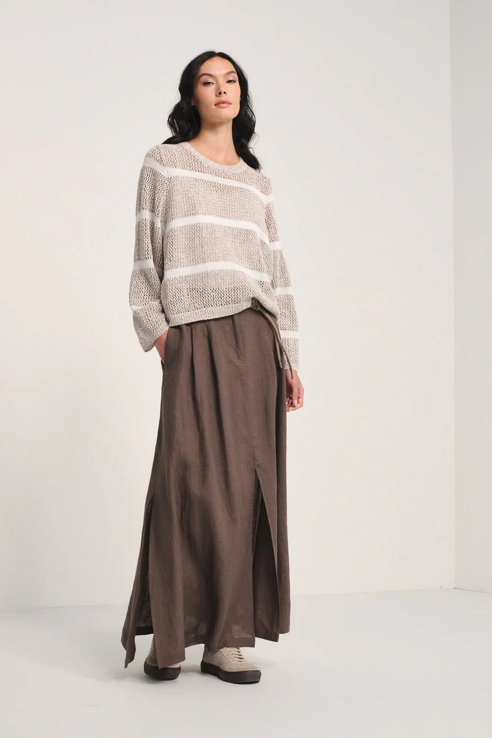 Relaxed Fit Beige Open-Knit Sequin Sweater - Lightweight Luxe Knit Top