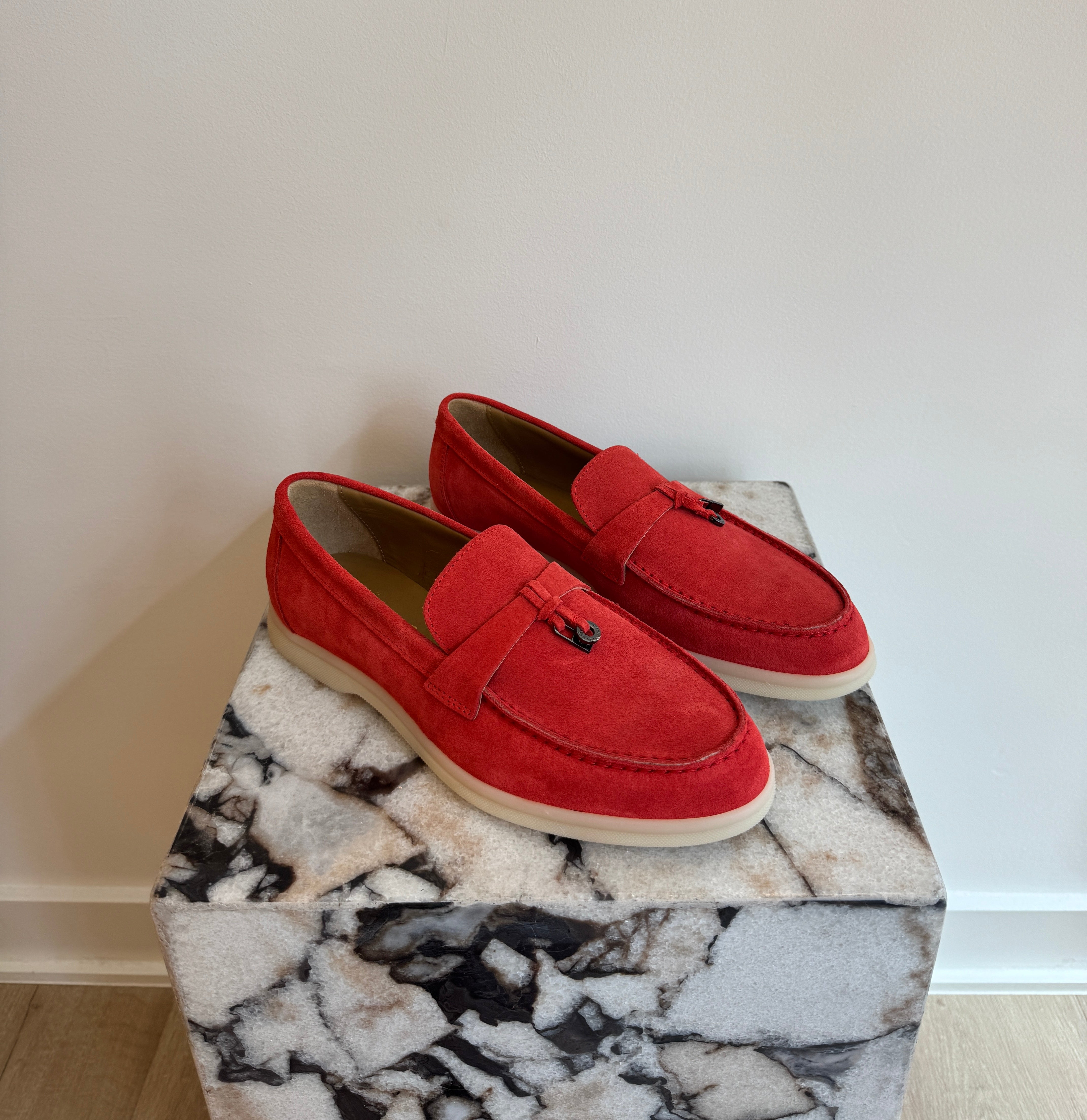 Women's Italian Suede Loafers - Red Slip-On Leather Flats With Lightweight Sole