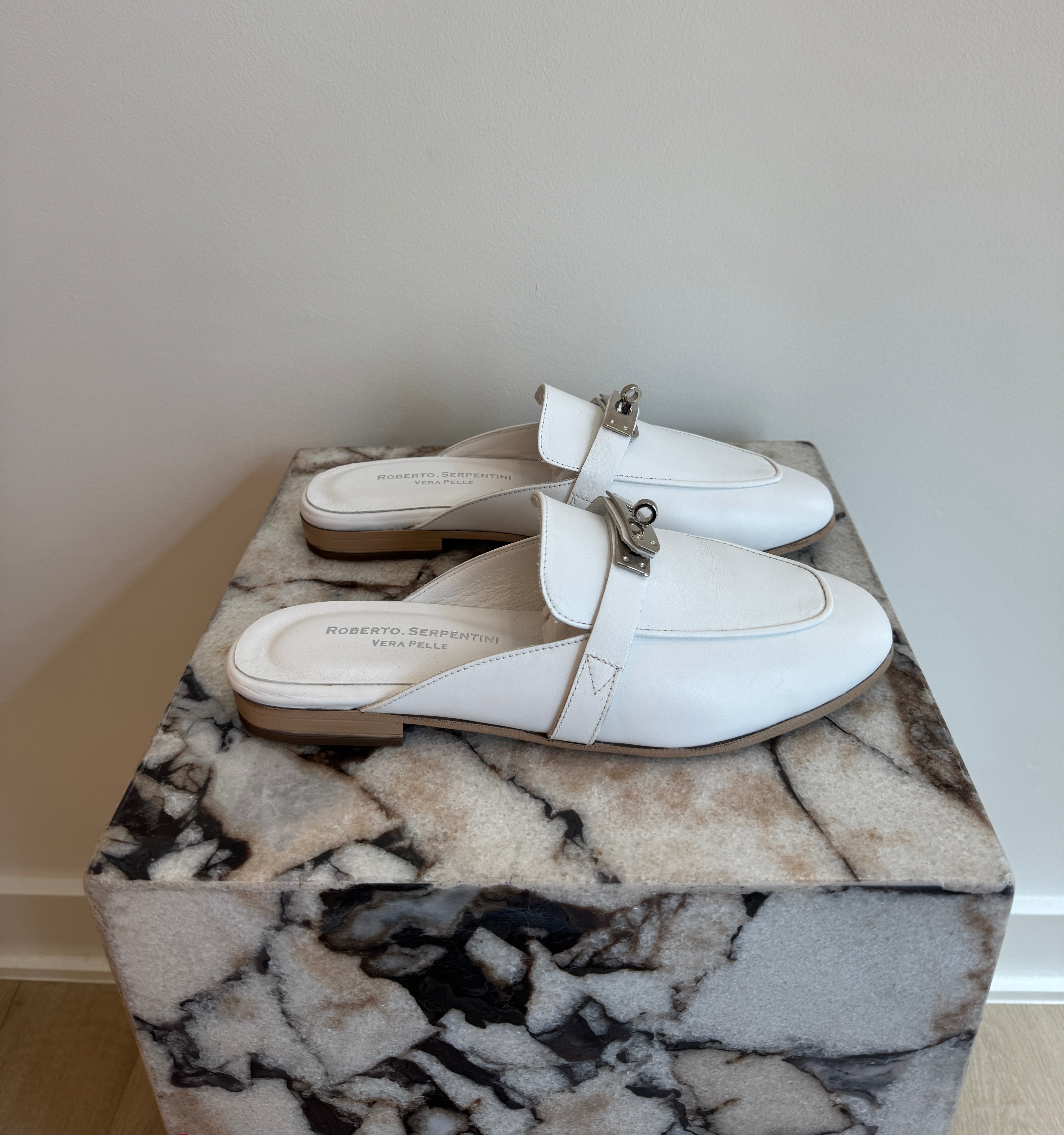 Women's Italian Leather Backless Loafers - White Slip-On Mule Flats With Silver Hardware