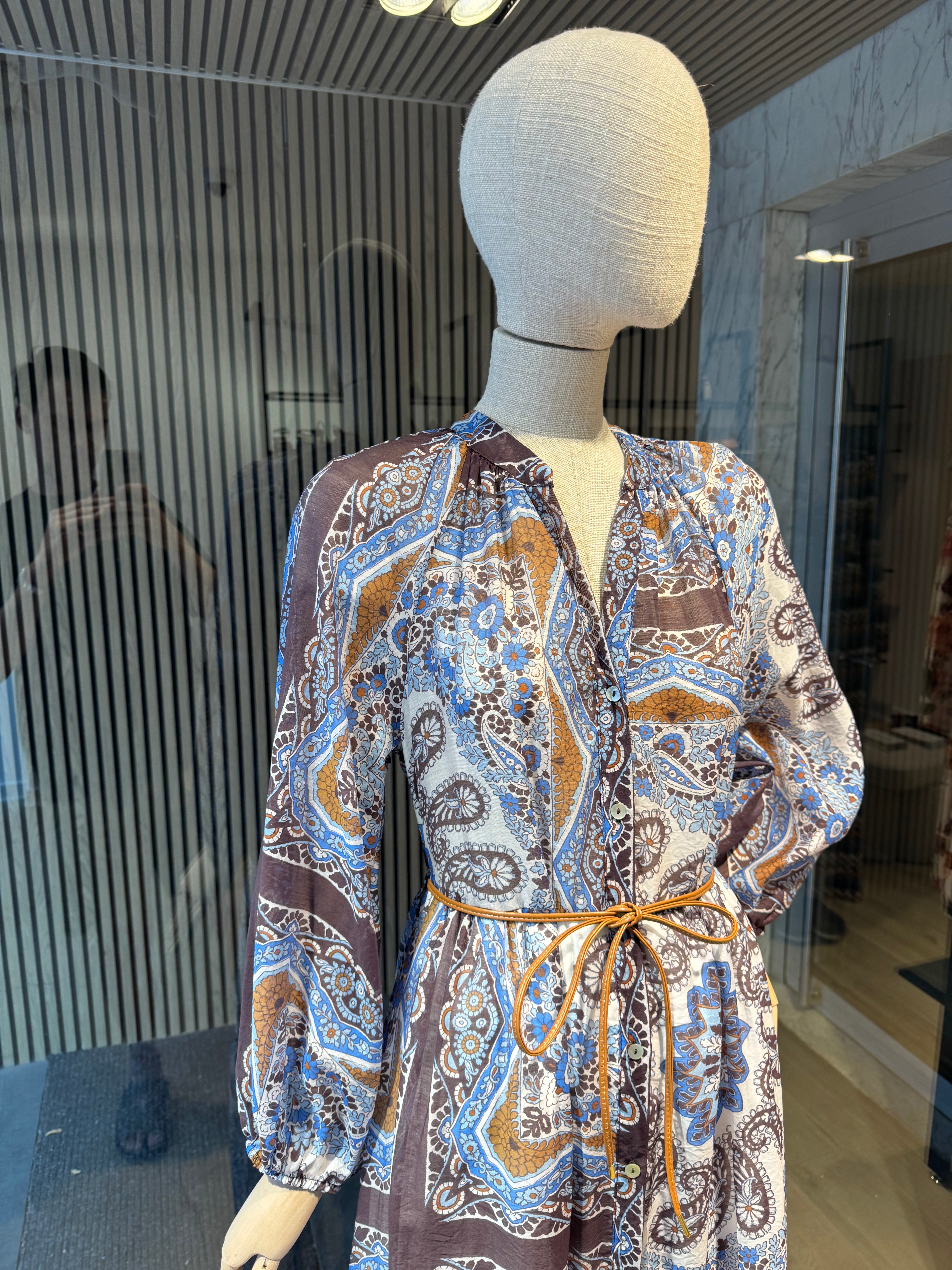 Brown blue printed dress