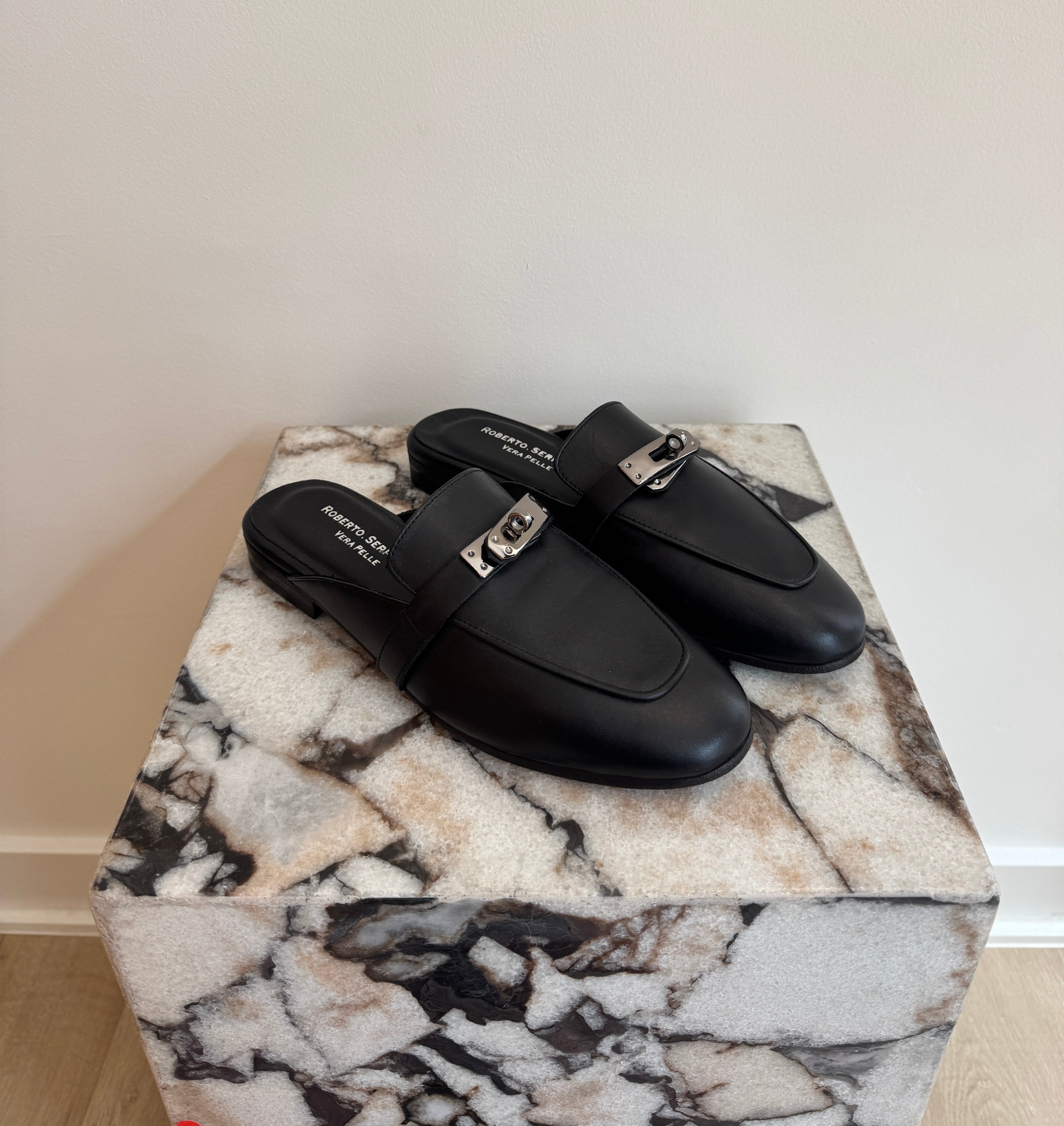 Women's Italian Leather Backless Loafers - Black Slip-On Mule Flats With Silver Hardware
