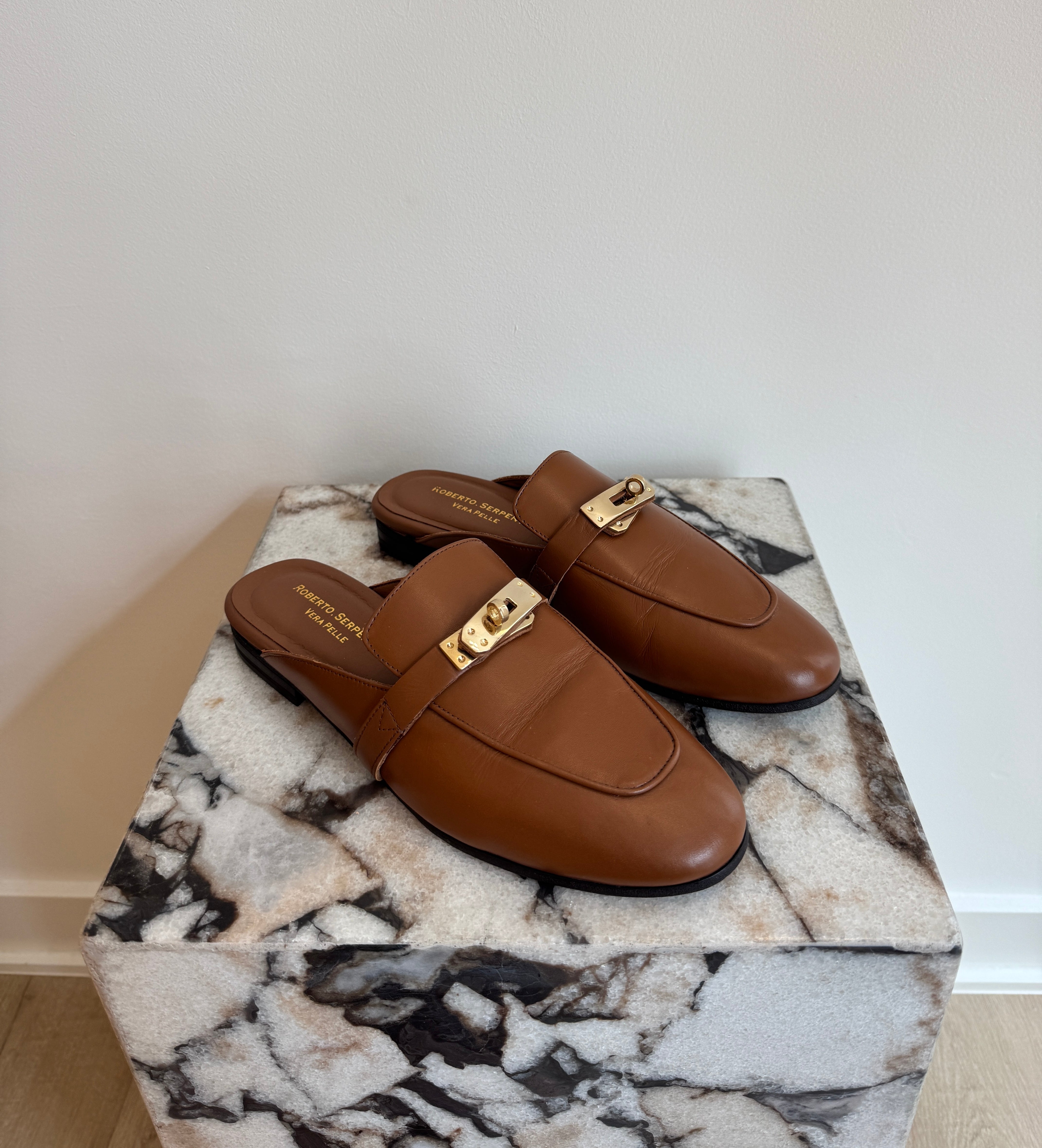 Women's Italian Leather Backless Loafers - Cognac Slip-On Mule Flats With Gold Hardware