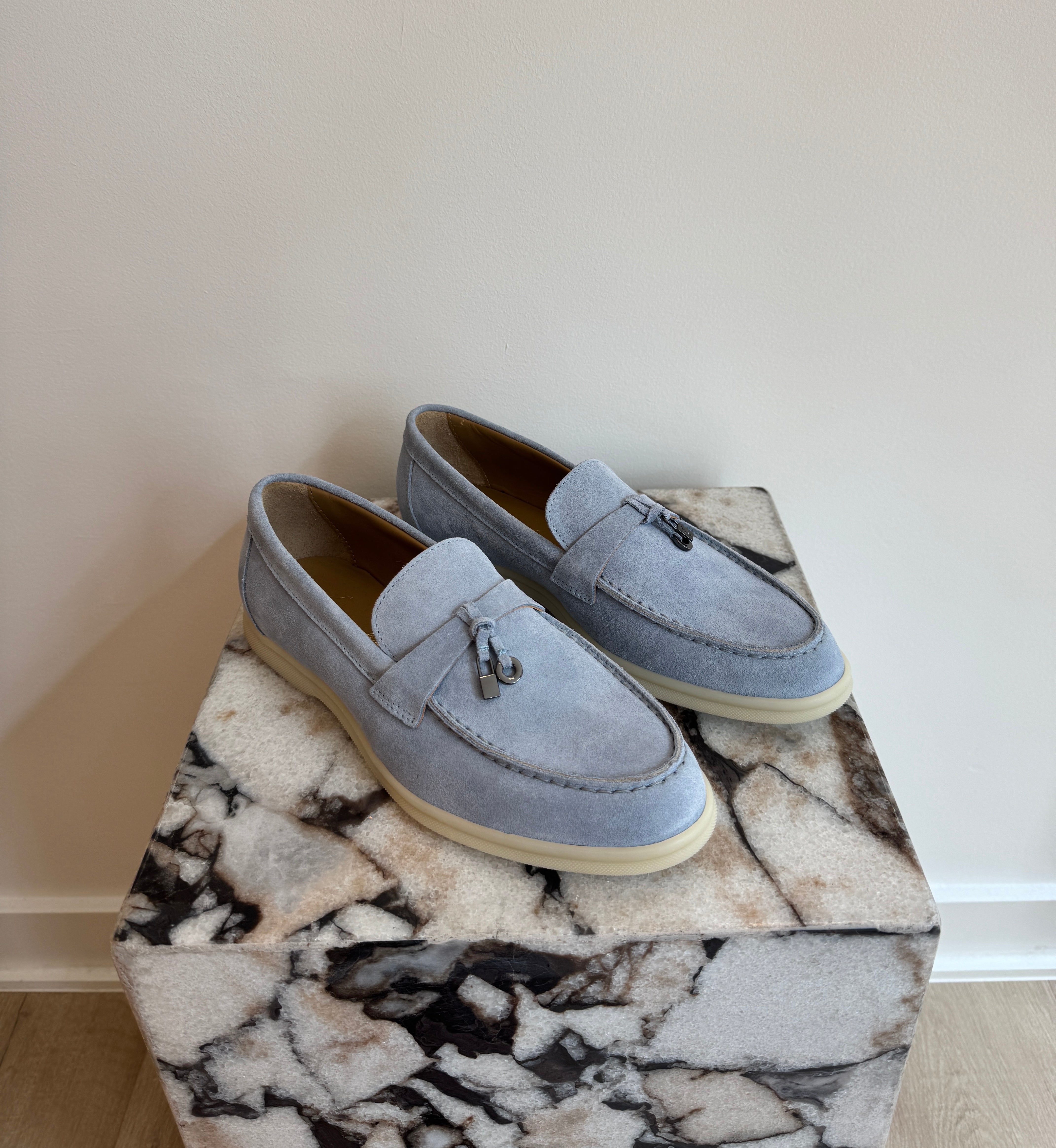 Women's Italian Suede Loafers - Light Blue Slip-On Leather Flats With Lightweight Sole