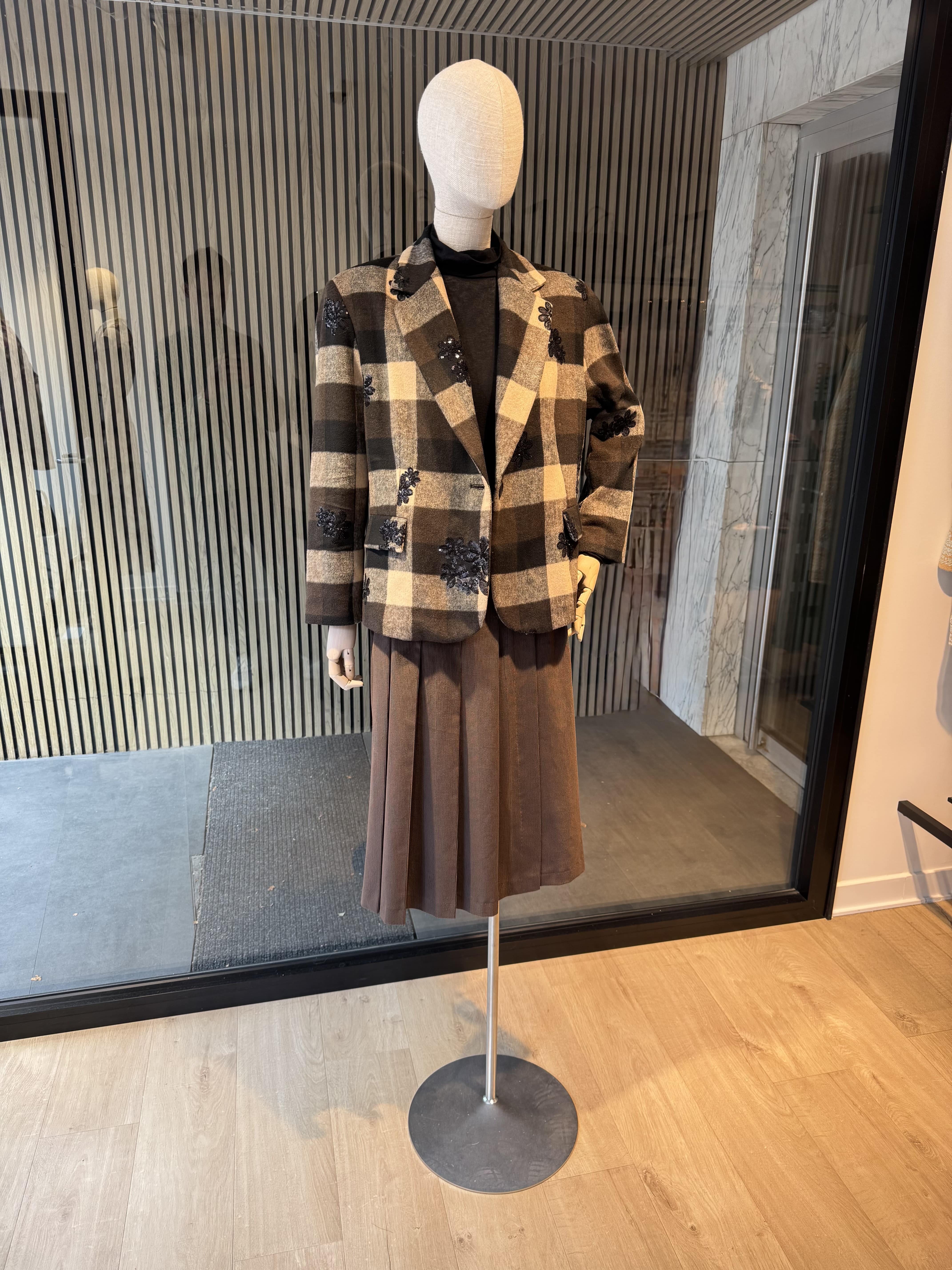 Check print jacket with sequin embroideries