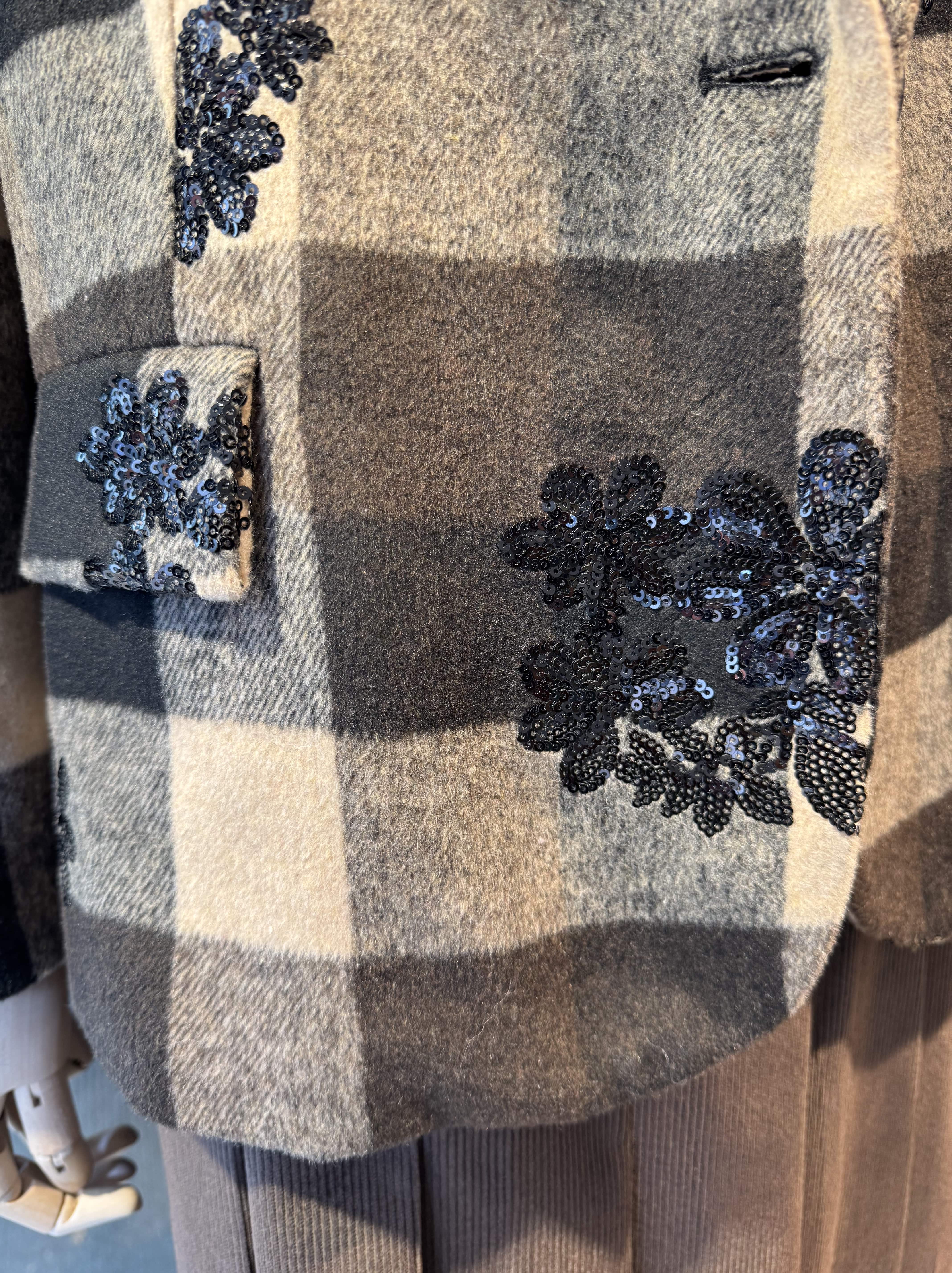 Check print jacket with sequin embroideries