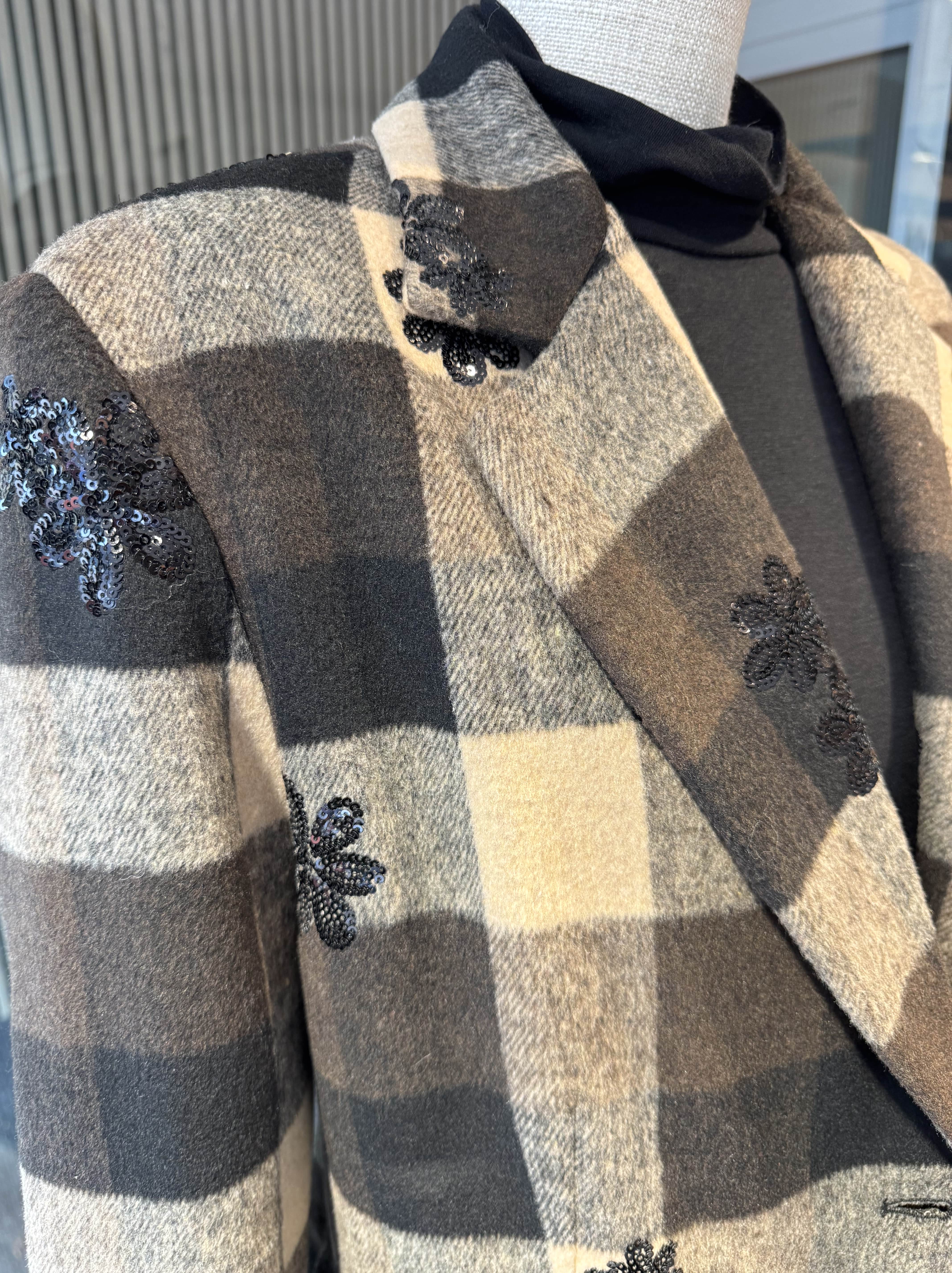 Check print jacket with sequin embroideries