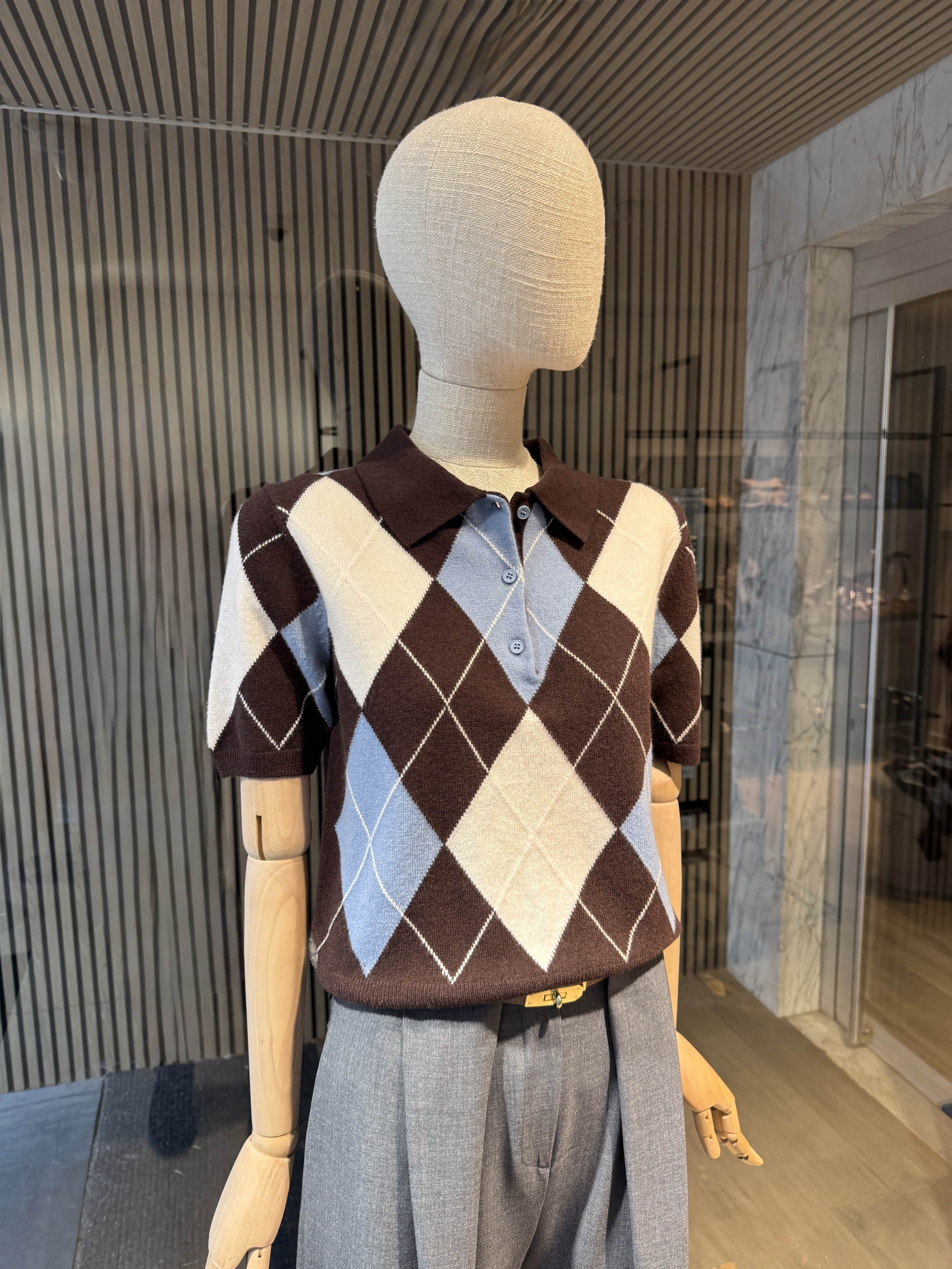 Short sleeves wool brown/blue/cream polo t-shirt