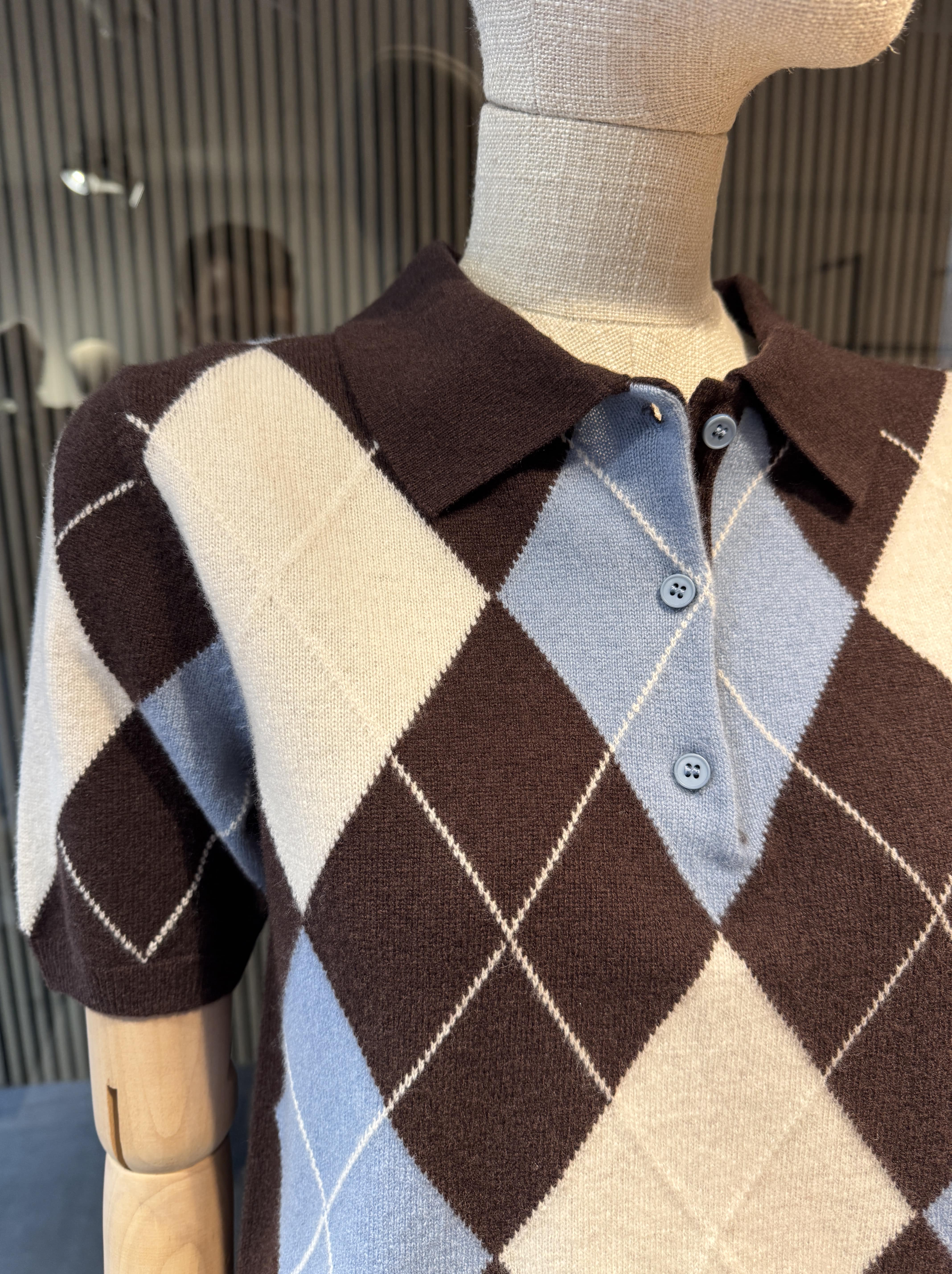 Short sleeves wool brown/blue/cream polo t-shirt