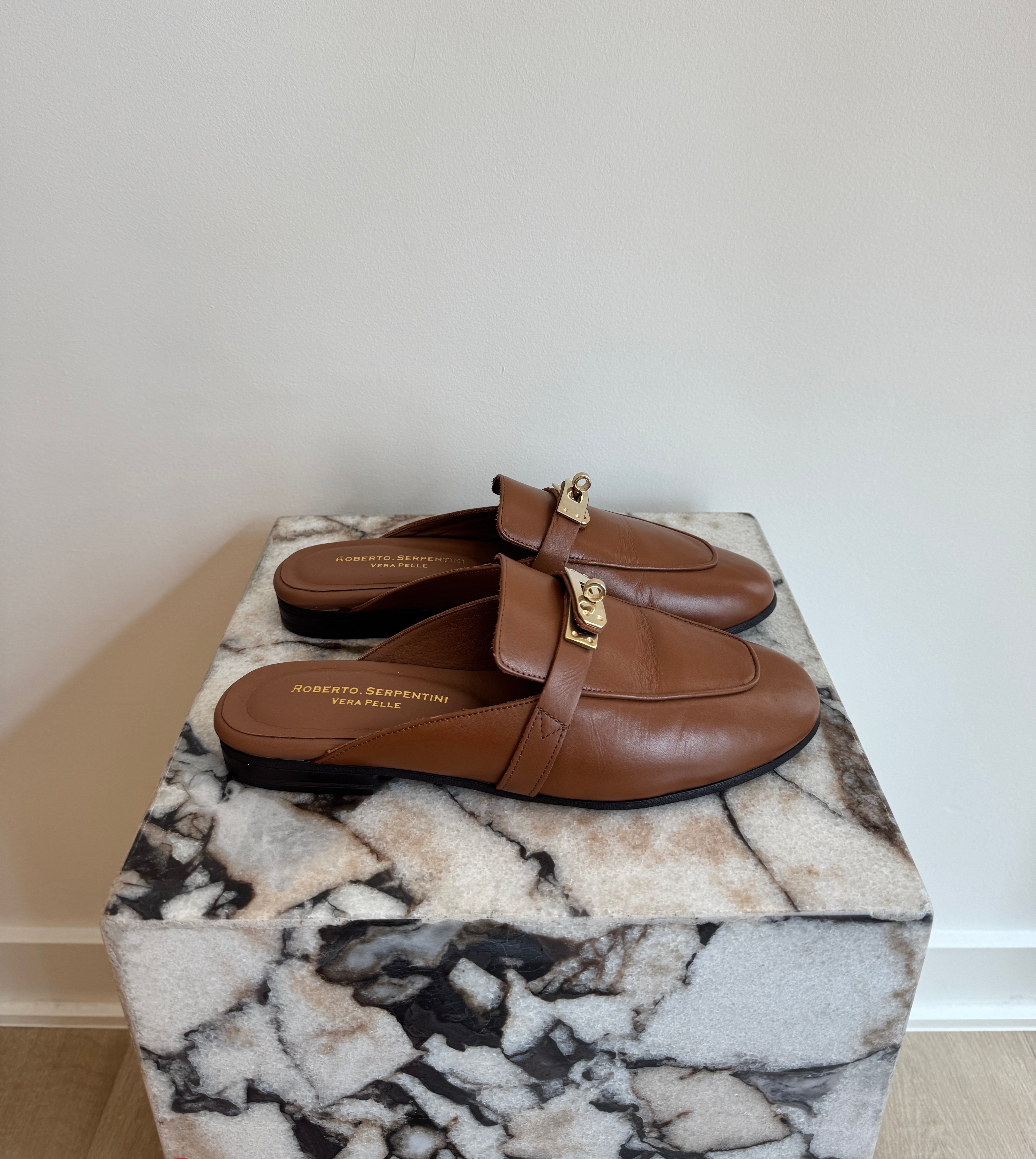 Women's Italian Leather Backless Loafers - Cognac Slip-On Mule Flats With Gold Hardware