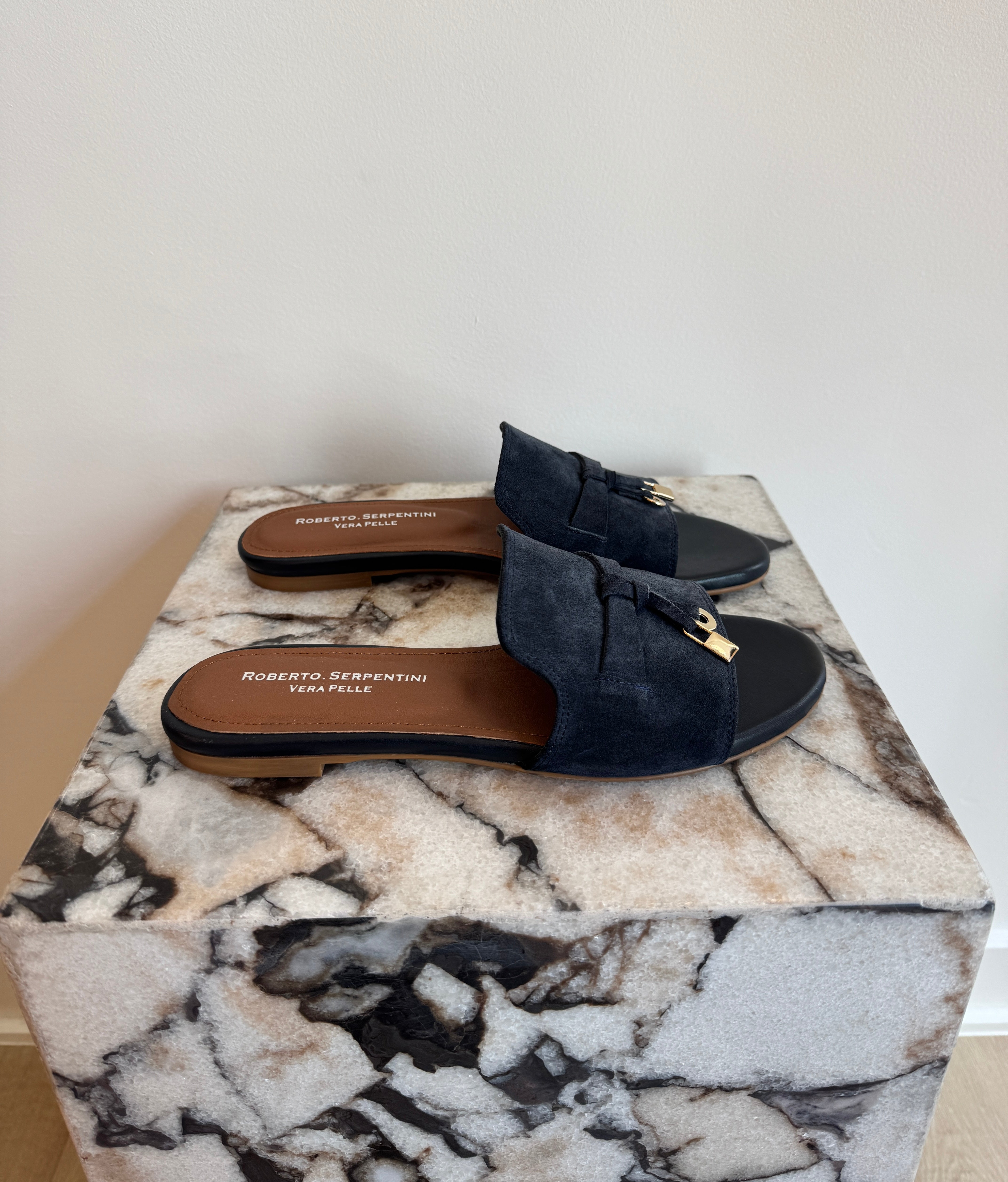Women's Italian Suede Slide Sandals - Navy Leather Flat Mules