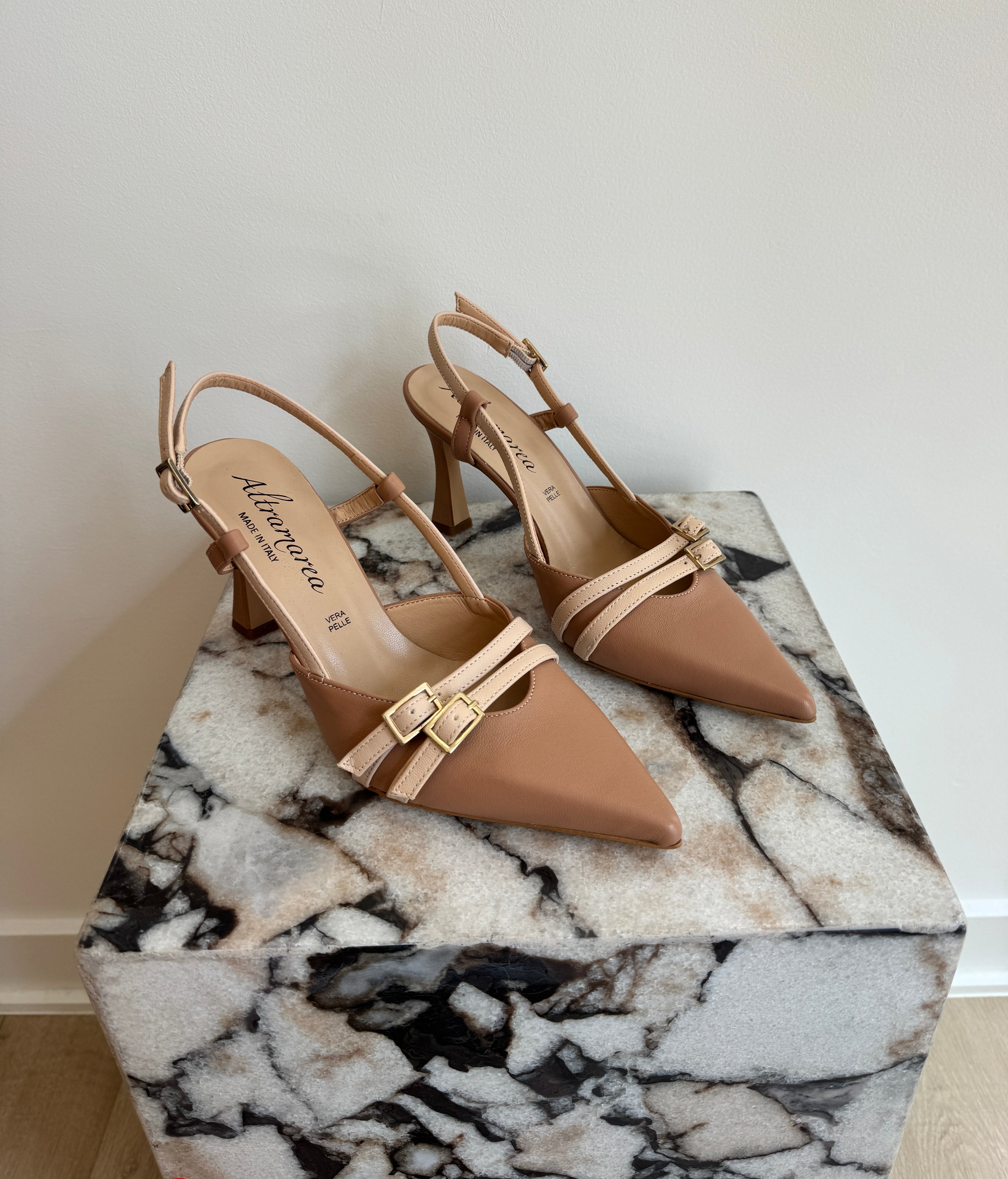 Women's Italian Leather Slingback Pumps - Nude Pointed Toe Kitten Heels With Buckle Detail