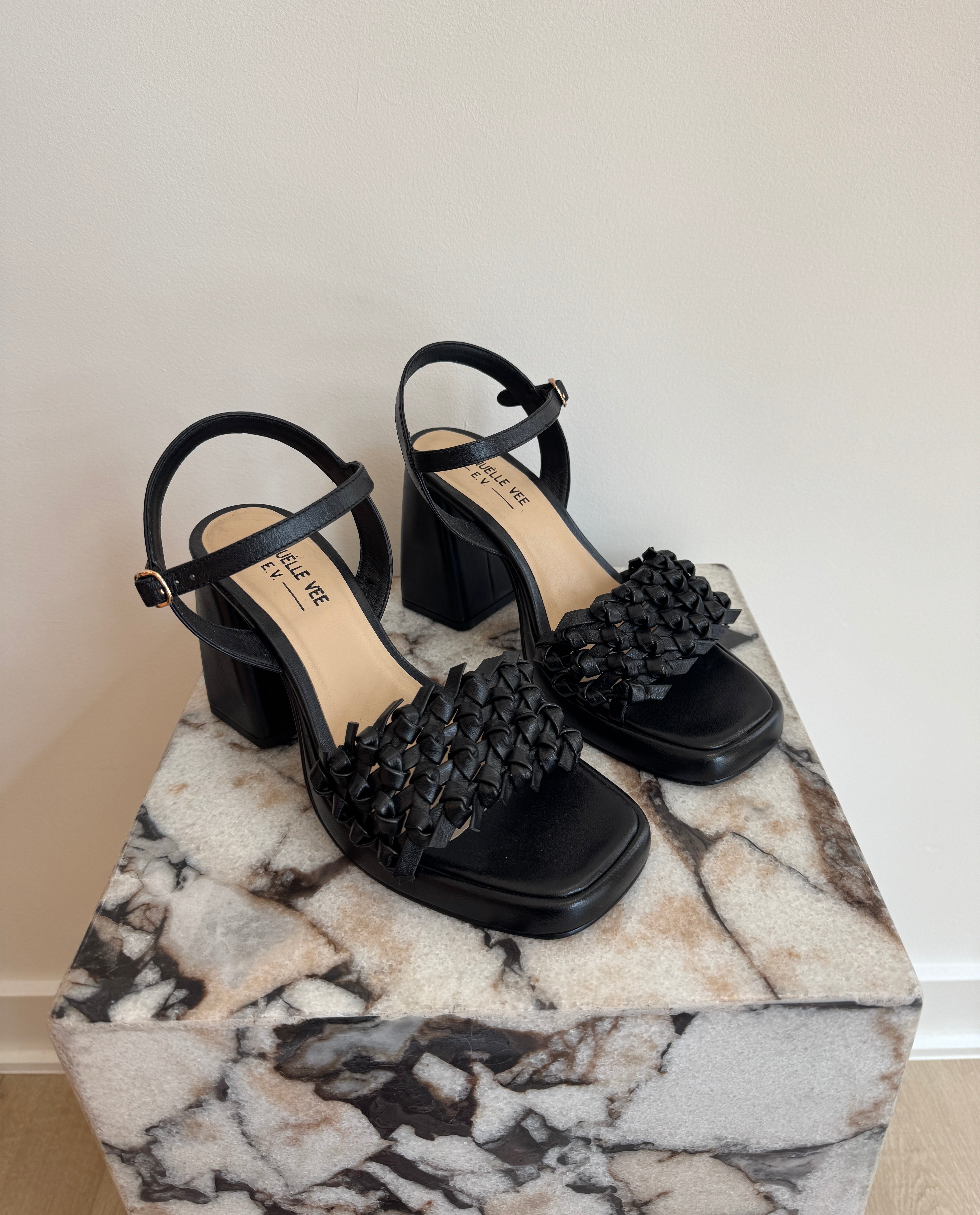 Women's Leather Block Heel Sandals - Black Woven Strap Ankle Strap Heels