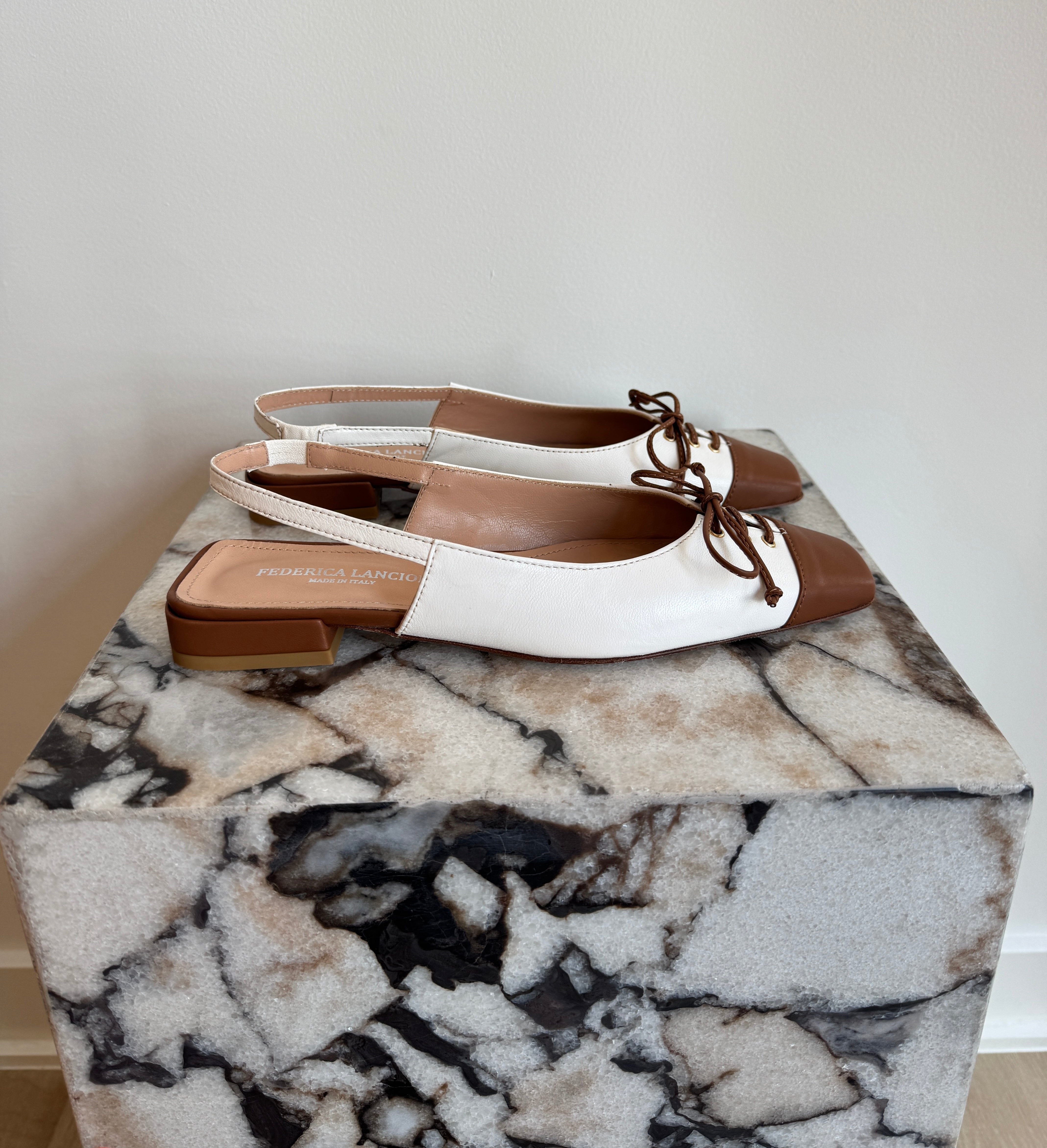 Women's Italian Leather Two-Tone Slingback Ballet Flats - Brown & Cream Square Toe