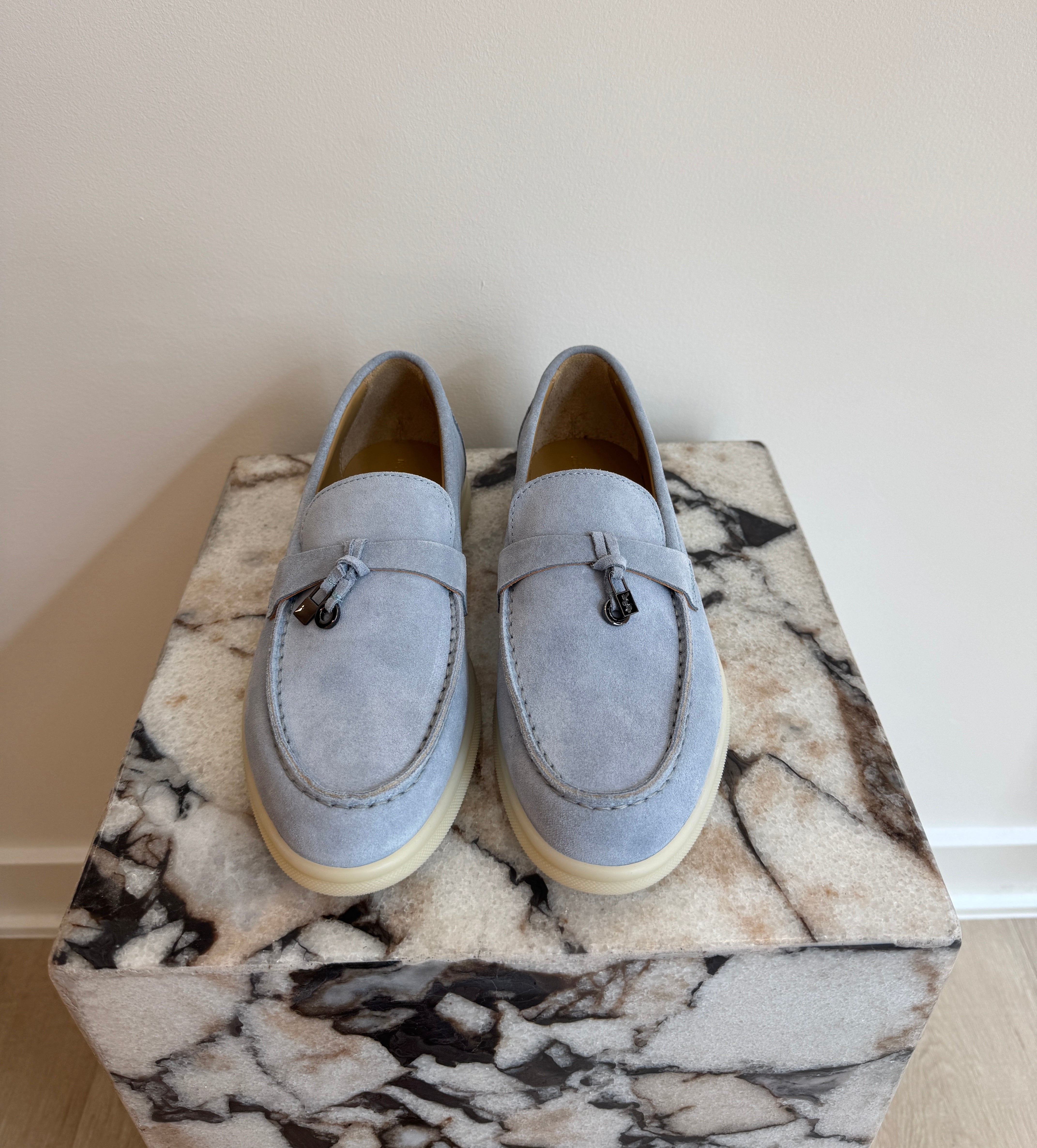 Women's Italian Suede Loafers - Light Blue Slip-On Leather Flats With Lightweight Sole