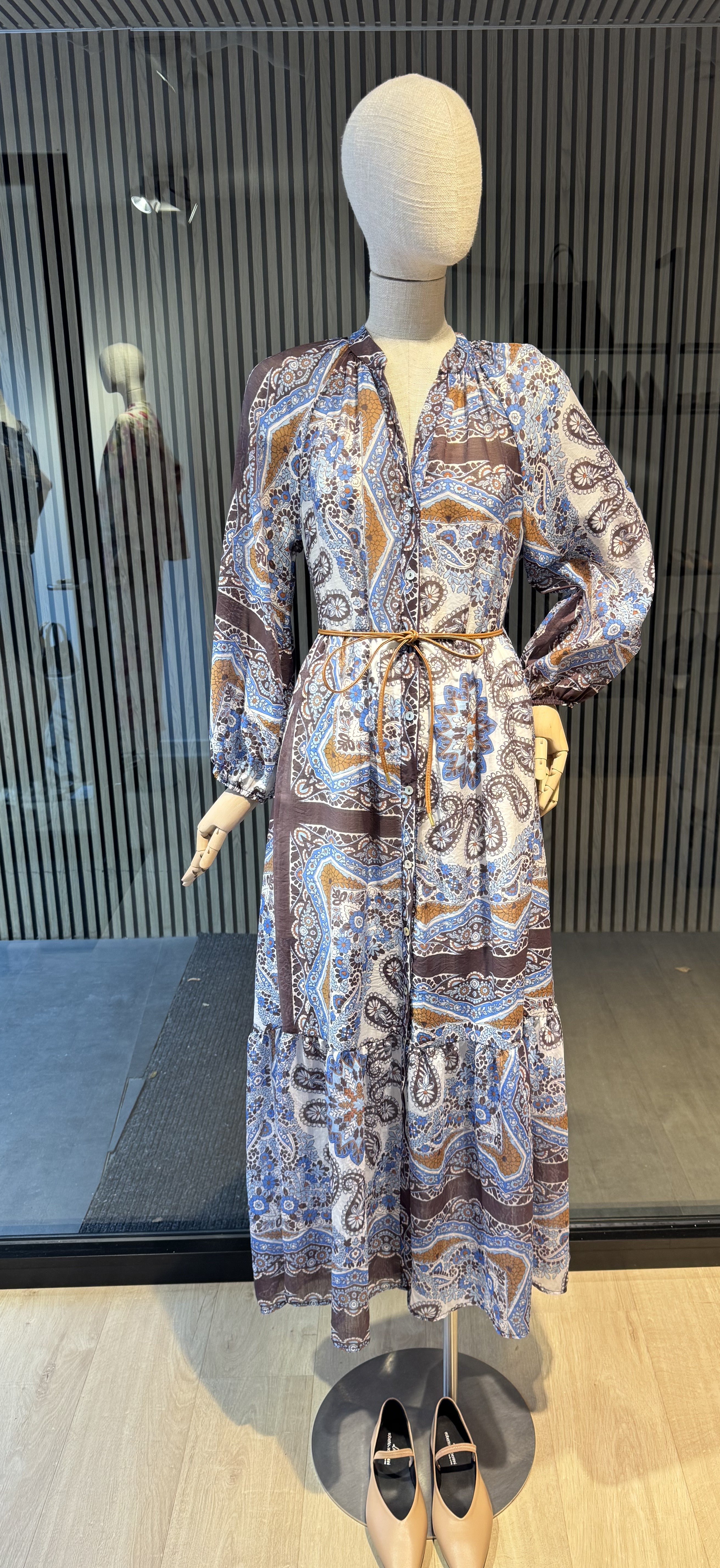 Brown blue printed dress