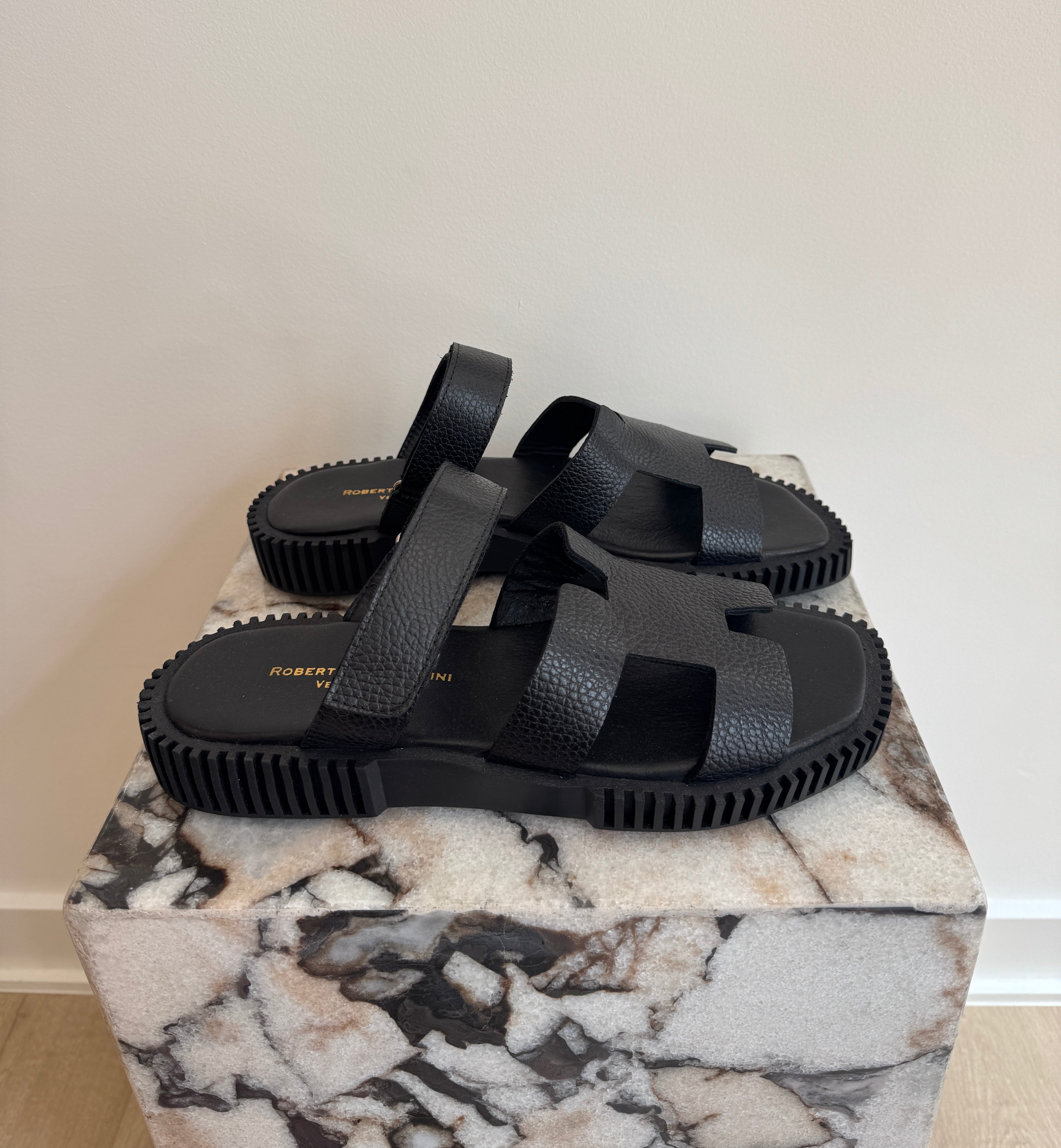 Women's Italian Leather Platform Sandals - Black Comfort Slides With Chunky Sole
