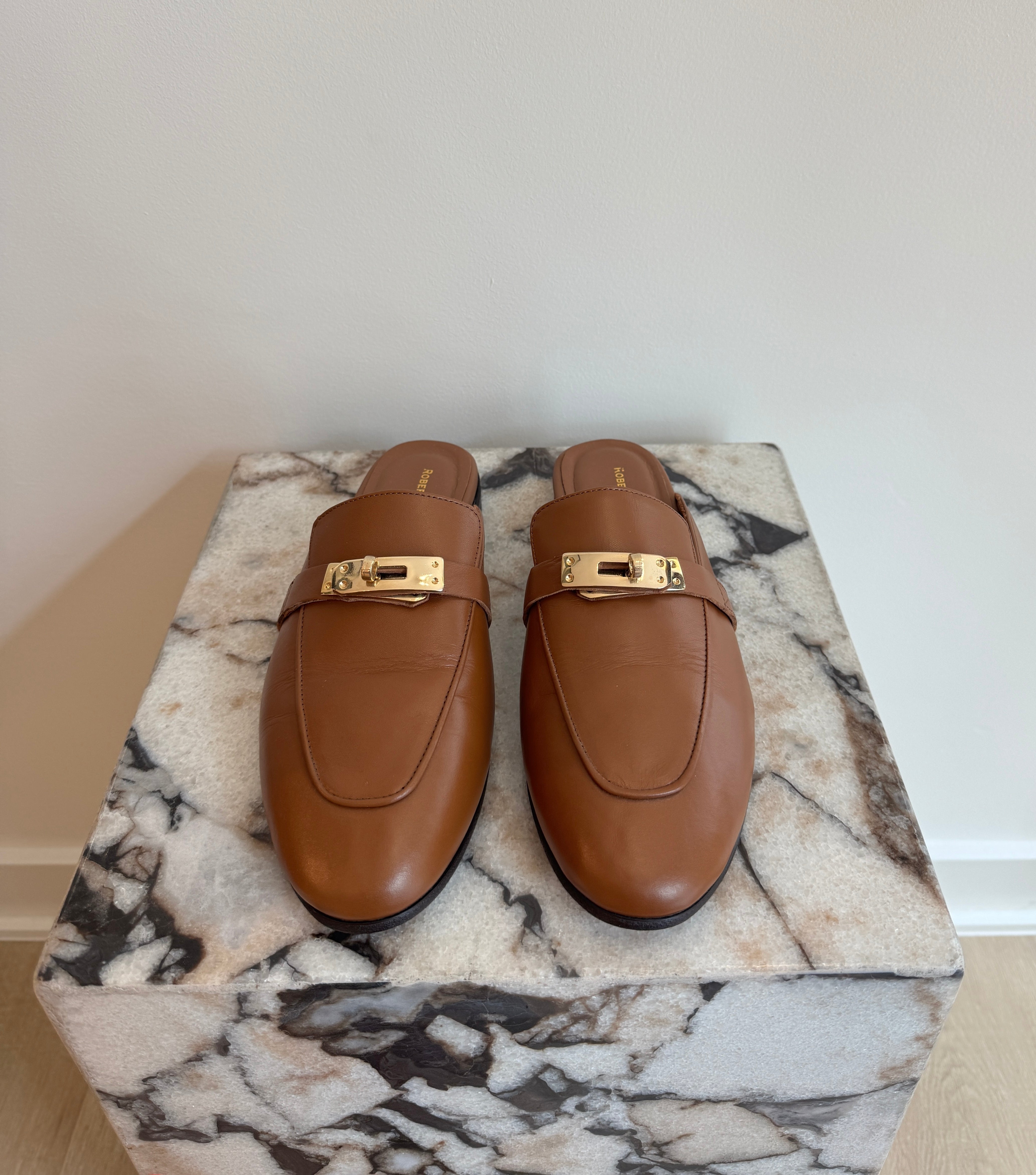 Women's Italian Leather Backless Loafers - Cognac Slip-On Mule Flats With Gold Hardware
