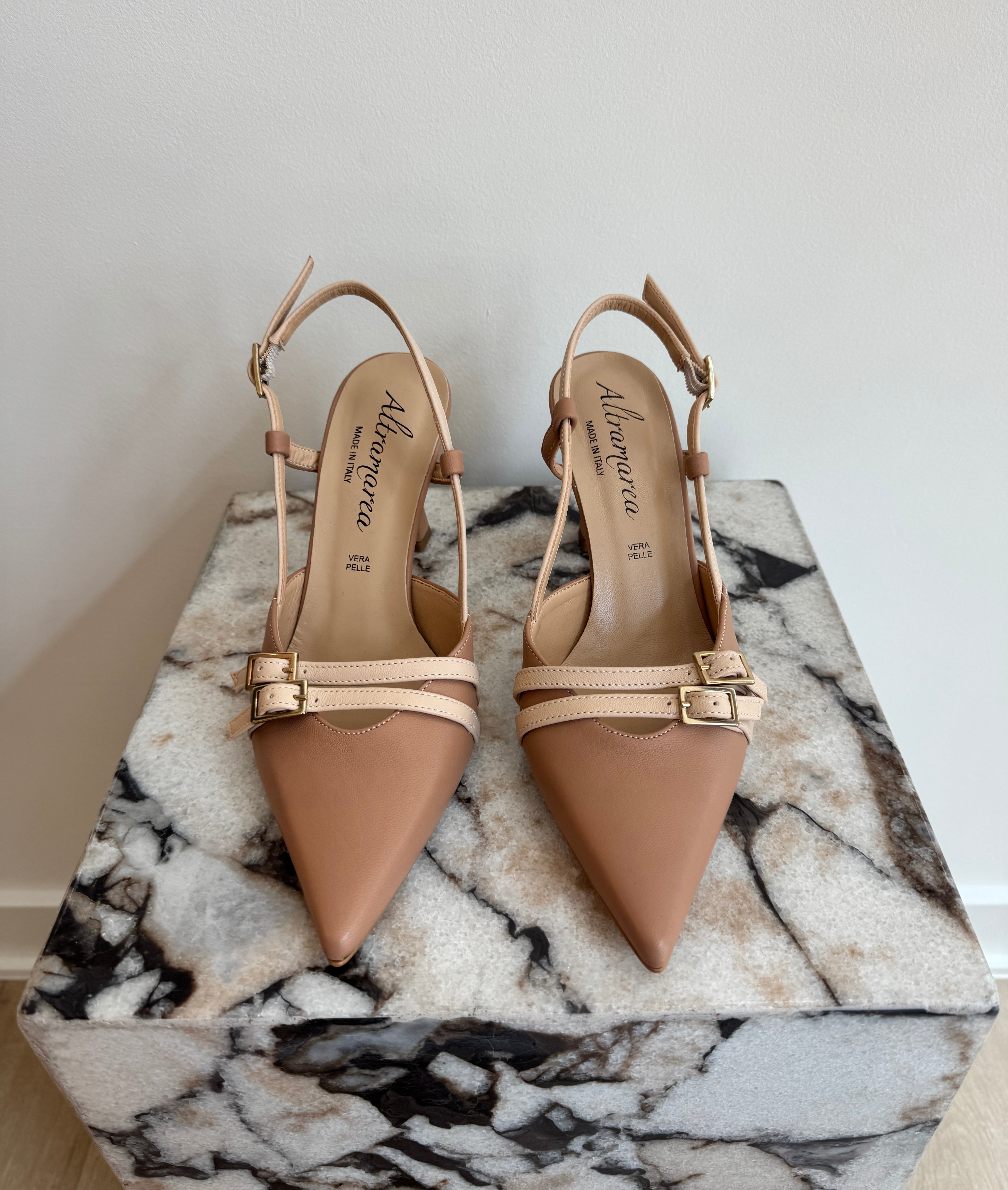 Women's Italian Leather Slingback Pumps - Nude Pointed Toe Kitten Heels With Buckle Detail