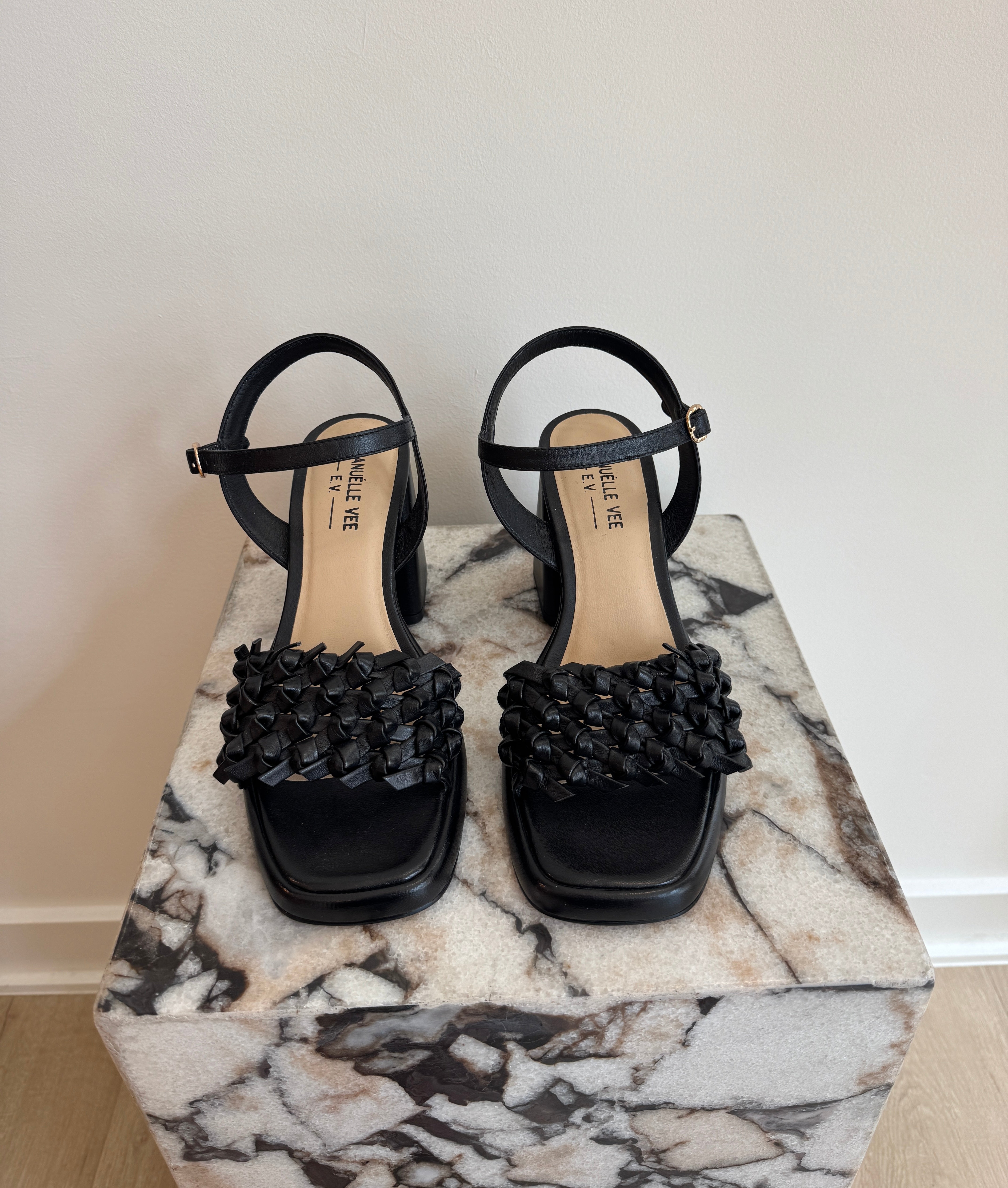 Women's Leather Block Heel Sandals - Black Woven Strap Ankle Strap Heels