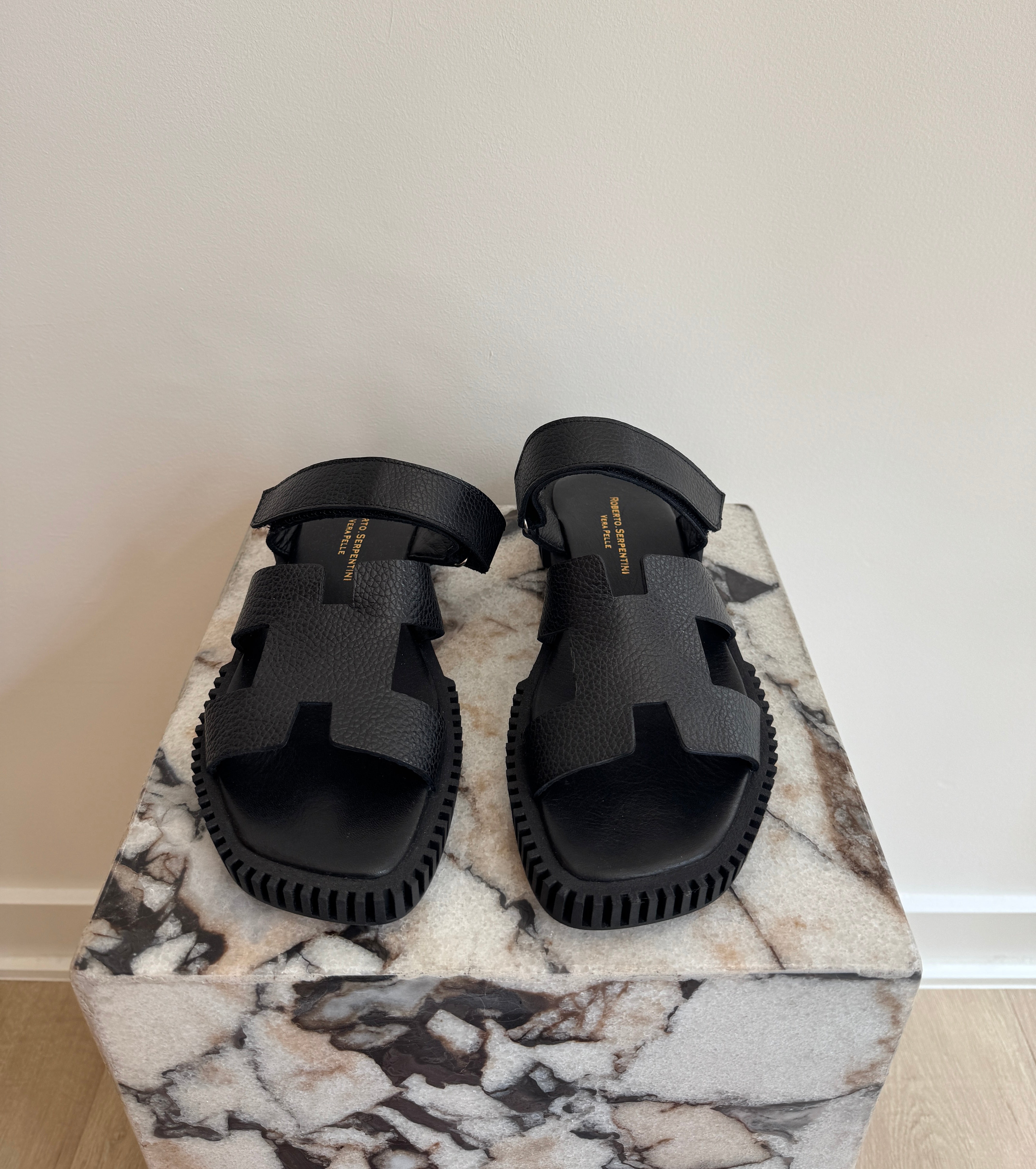 Women's Italian Leather Platform Sandals - Black Comfort Slides With Chunky Sole