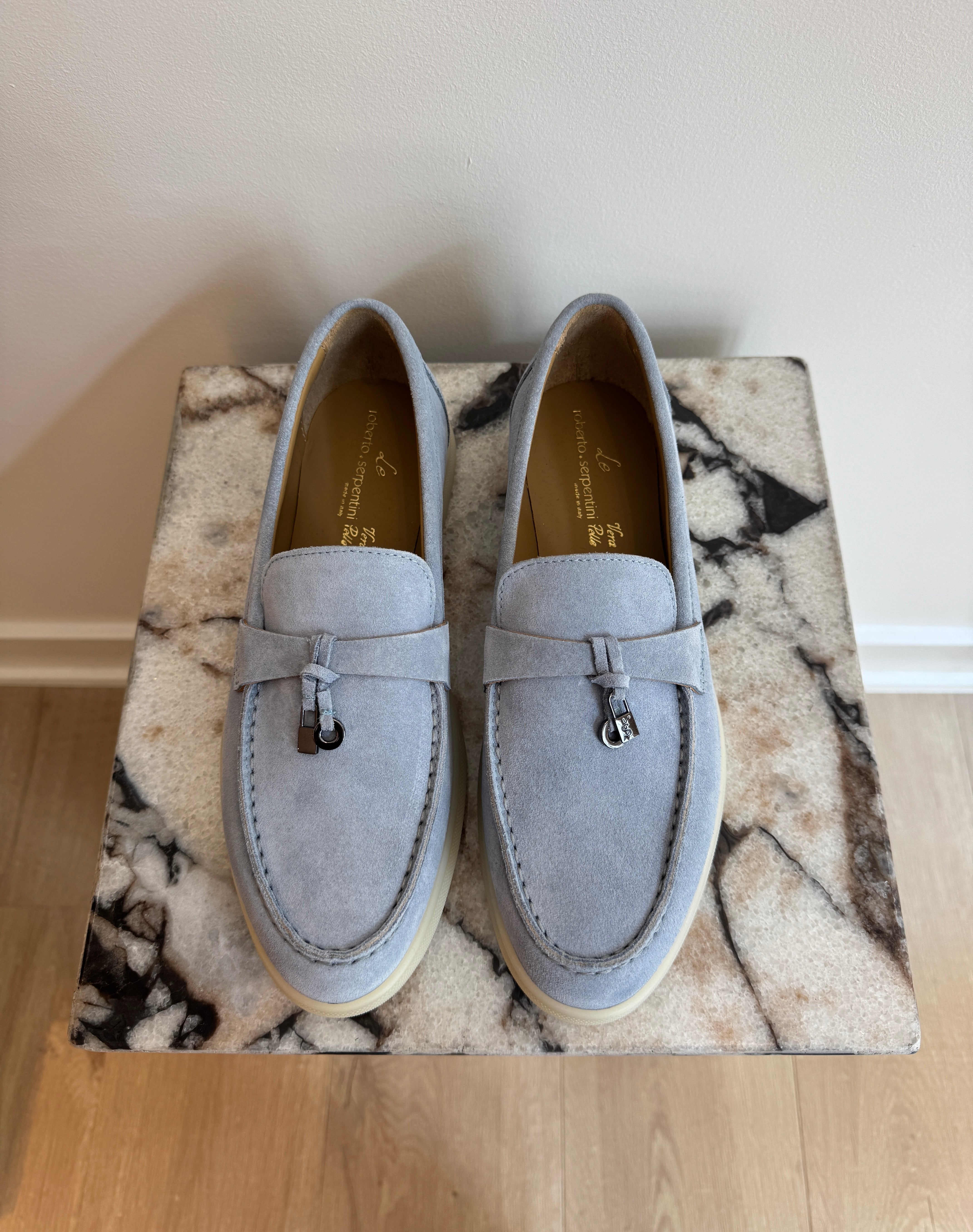 Women's Italian Suede Loafers - Light Blue Slip-On Leather Flats With Lightweight Sole
