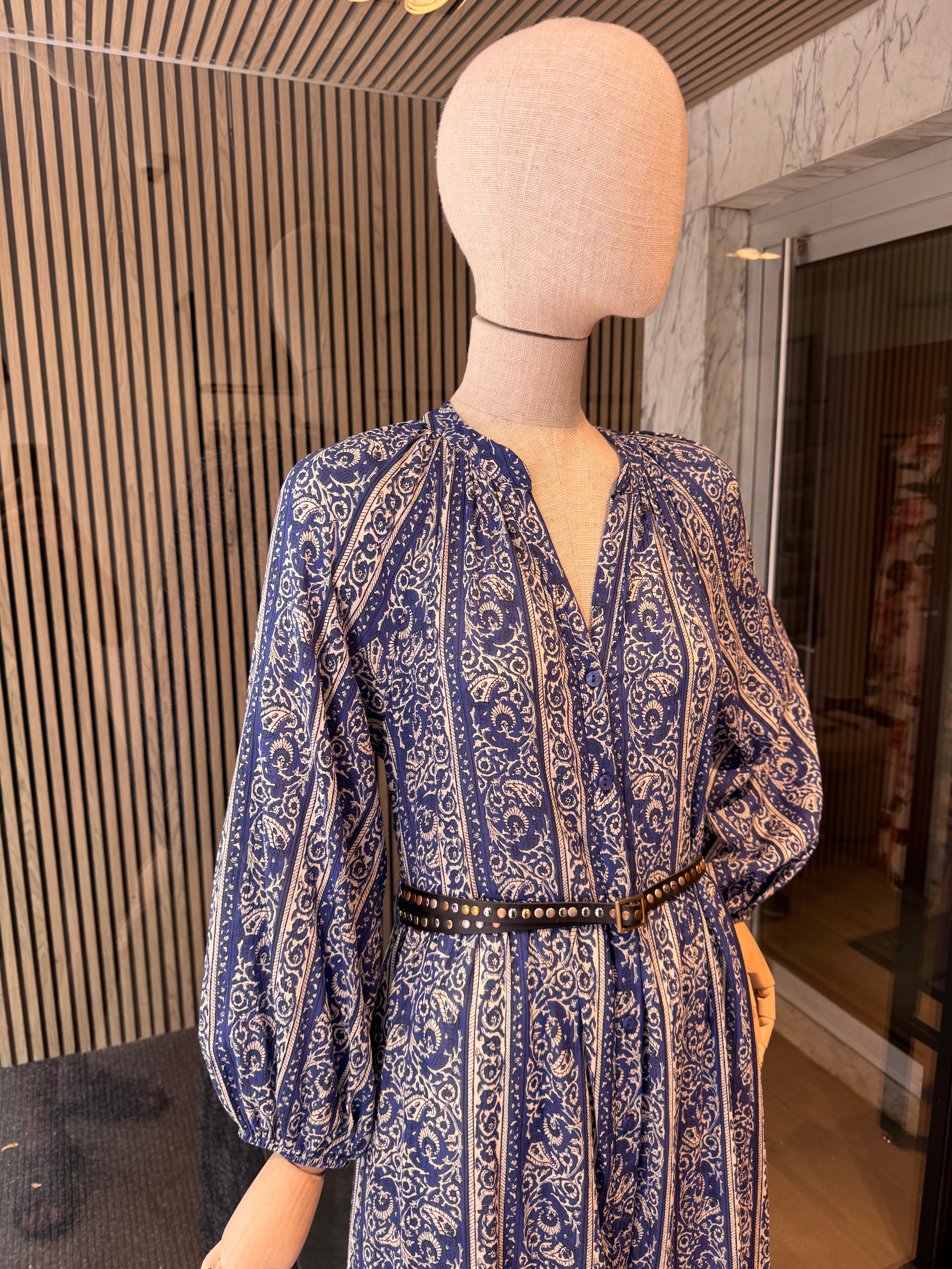 Navy white paisley print dress