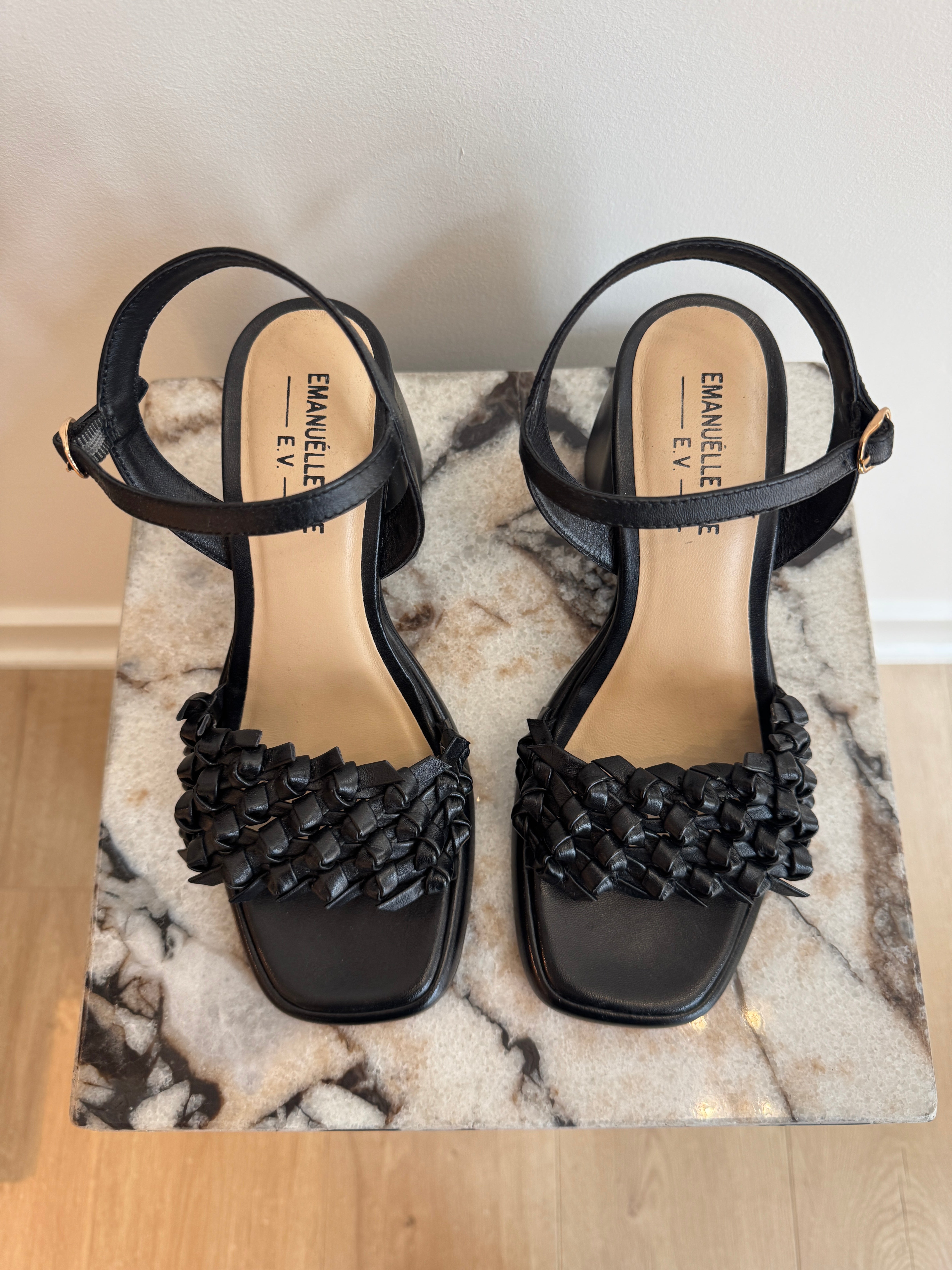 Women's Leather Block Heel Sandals - Black Woven Strap Ankle Strap Heels