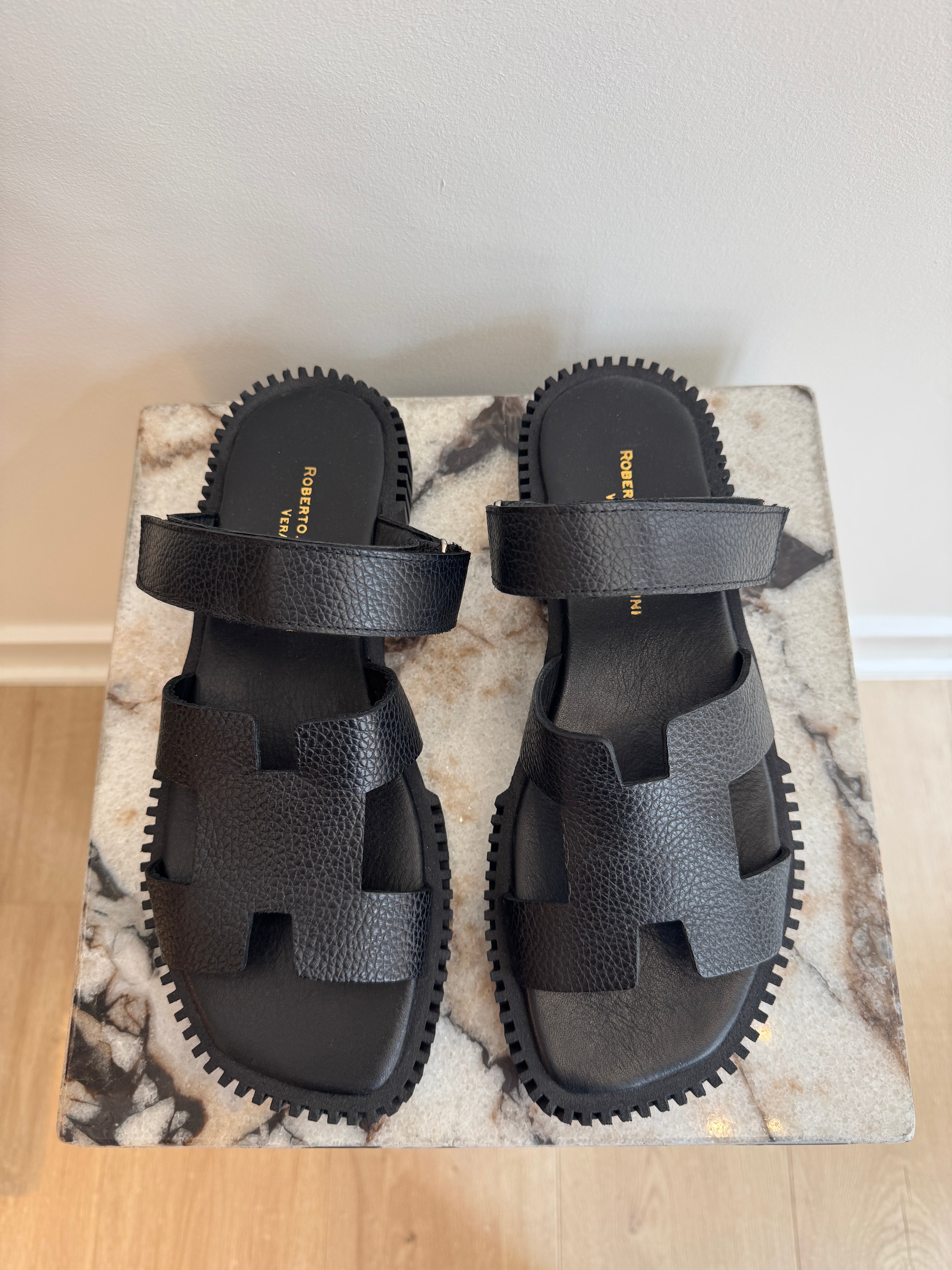Women's Italian Leather Platform Sandals - Black Comfort Slides With Chunky Sole