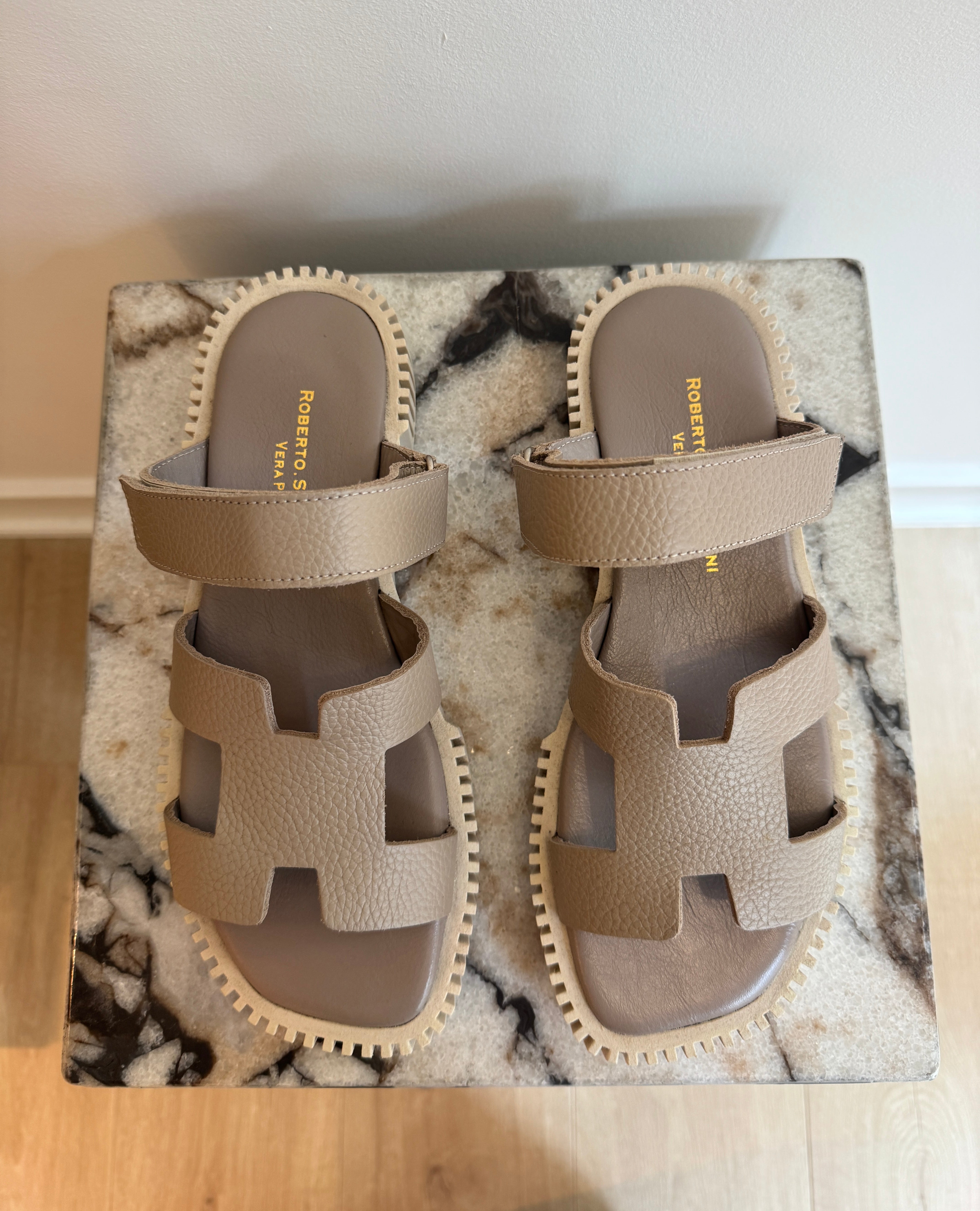 Women's Italian Leather Platform Sandals - Taupe Comport Slides With Chunky Sole
