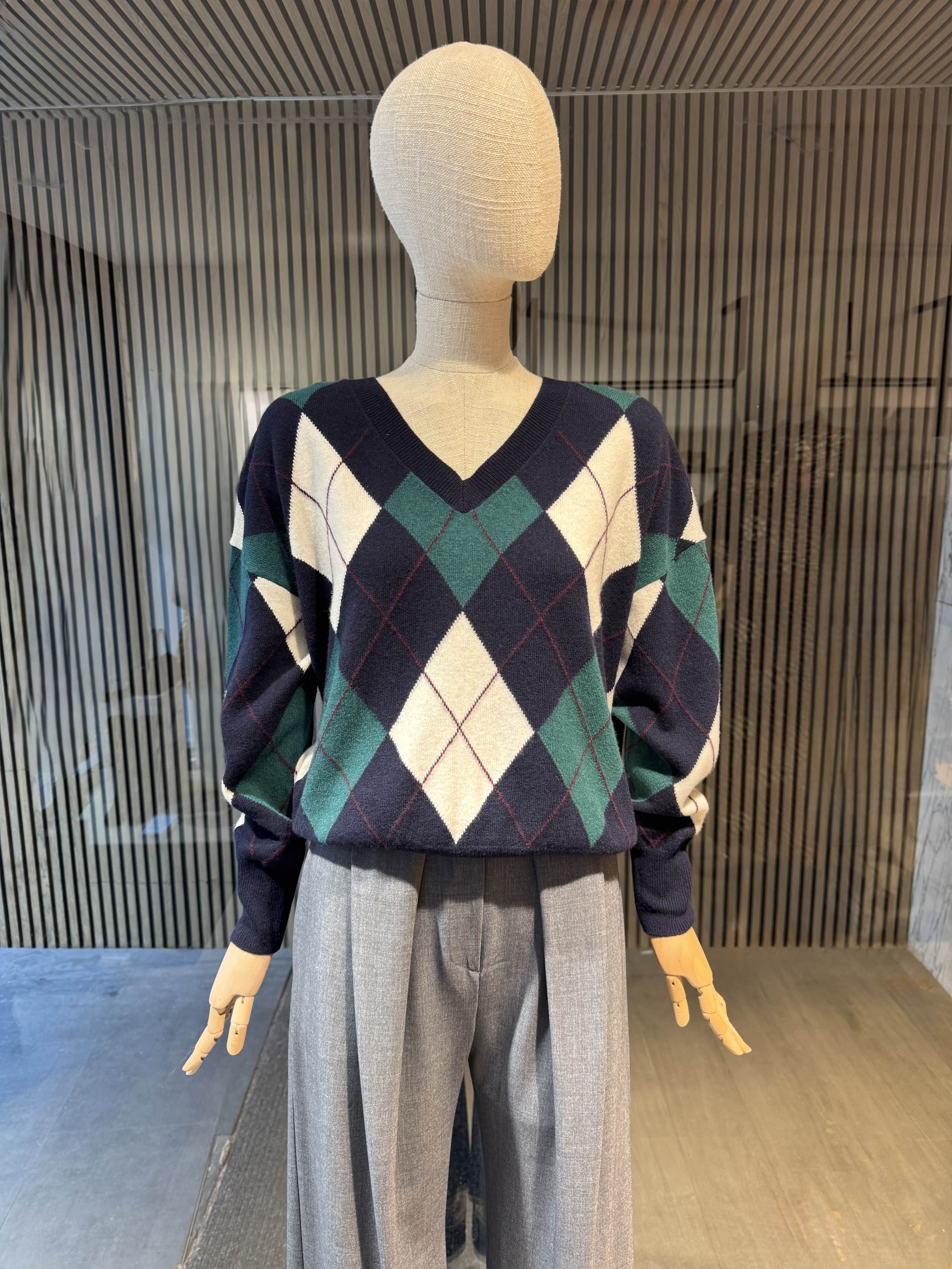 Relaxed fit wool navy/green/white v-neck sweater