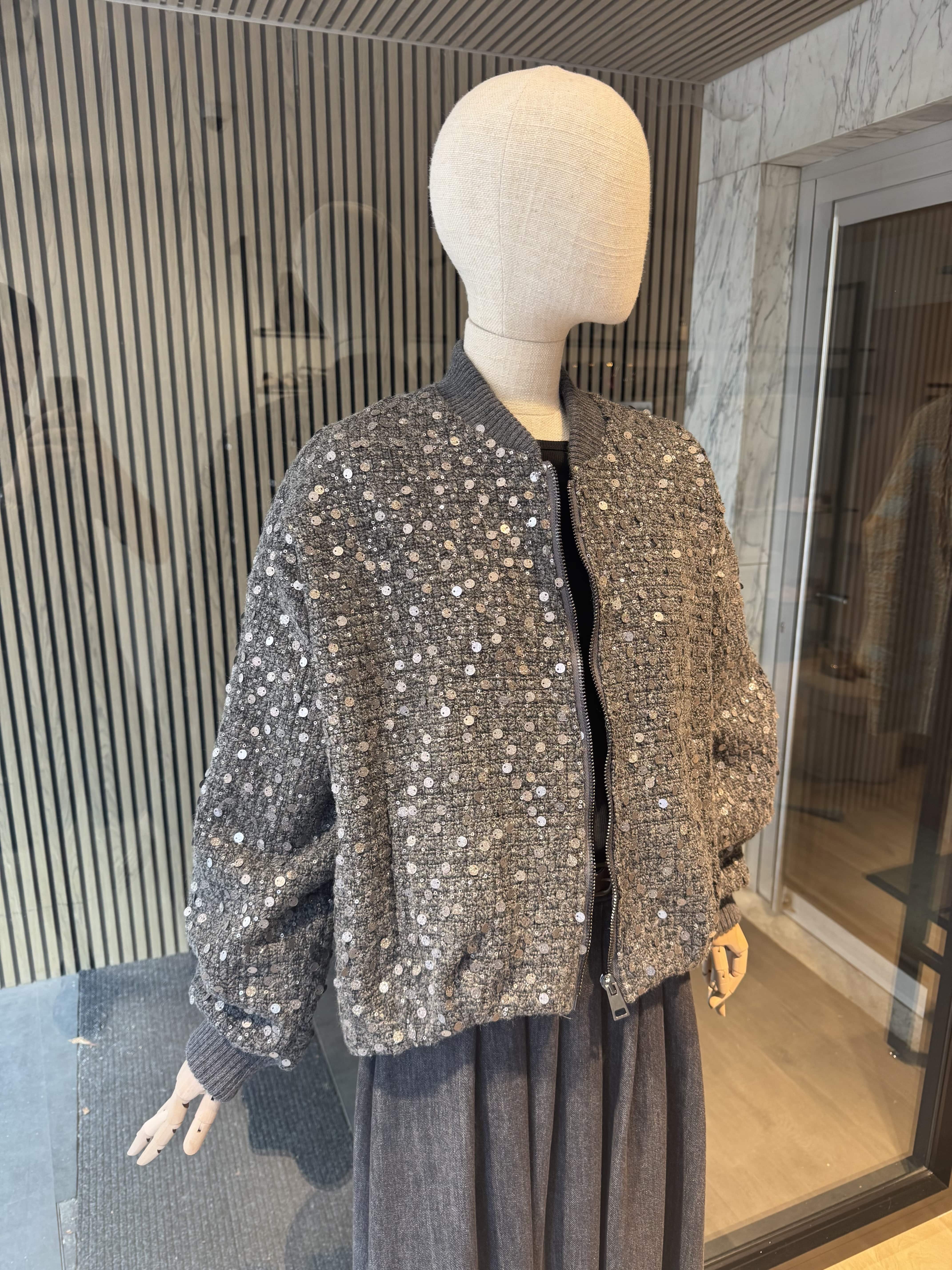 Relaxed fit grey tweed bomber jacket