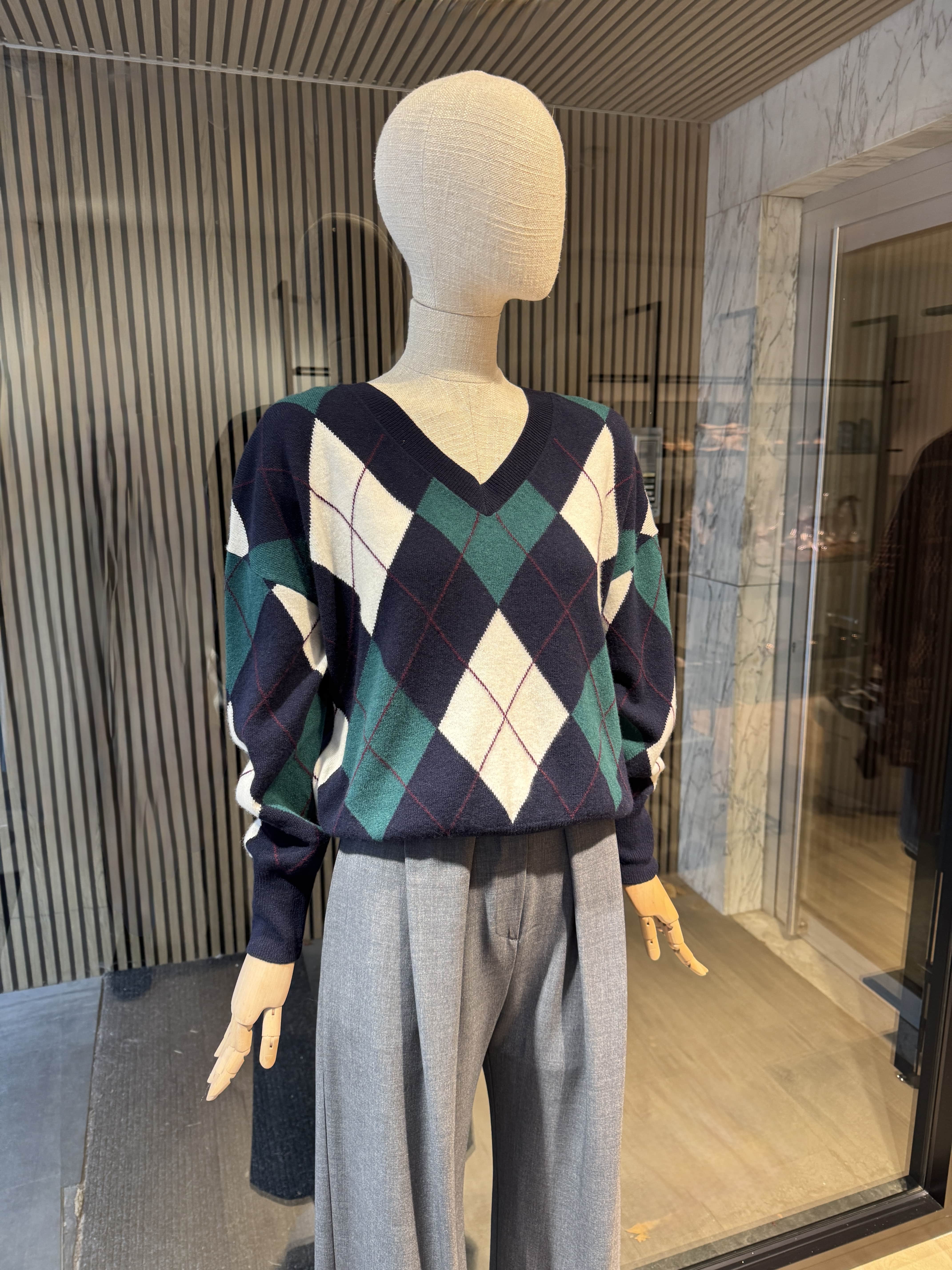 Relaxed fit wool navy/green/white v-neck sweater