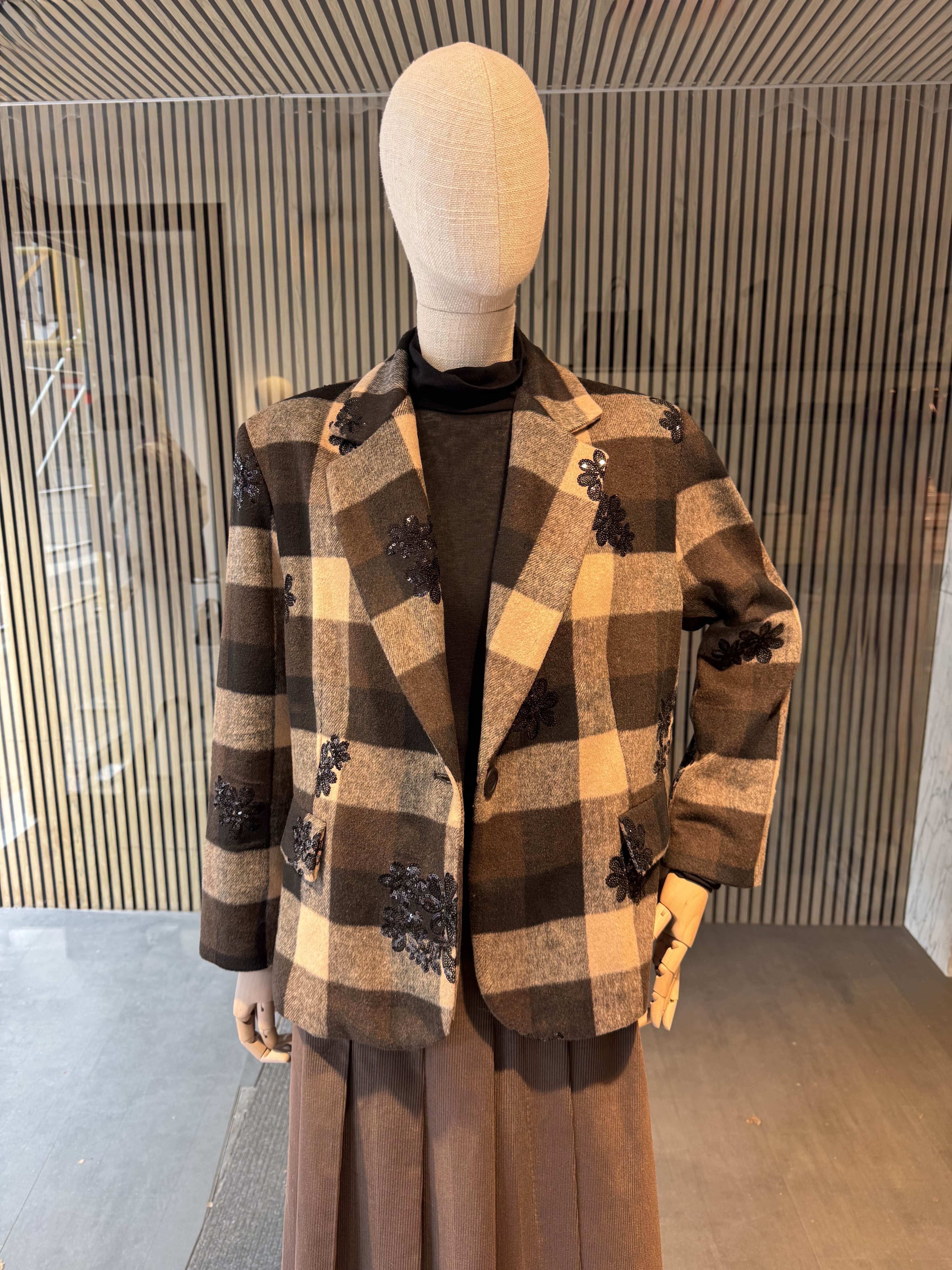 Check print jacket with sequin embroideries