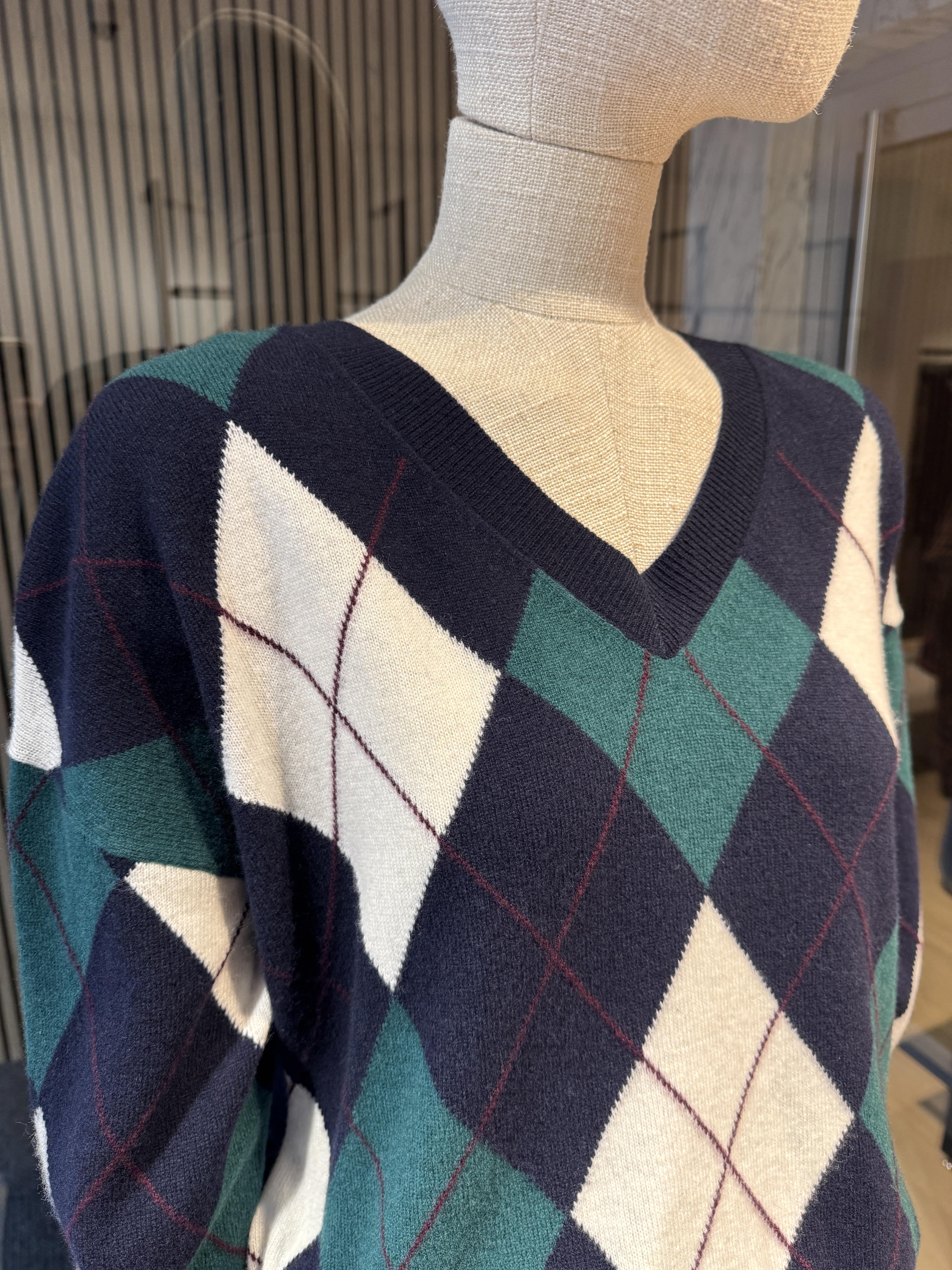 Relaxed fit wool navy/green/white v-neck sweater