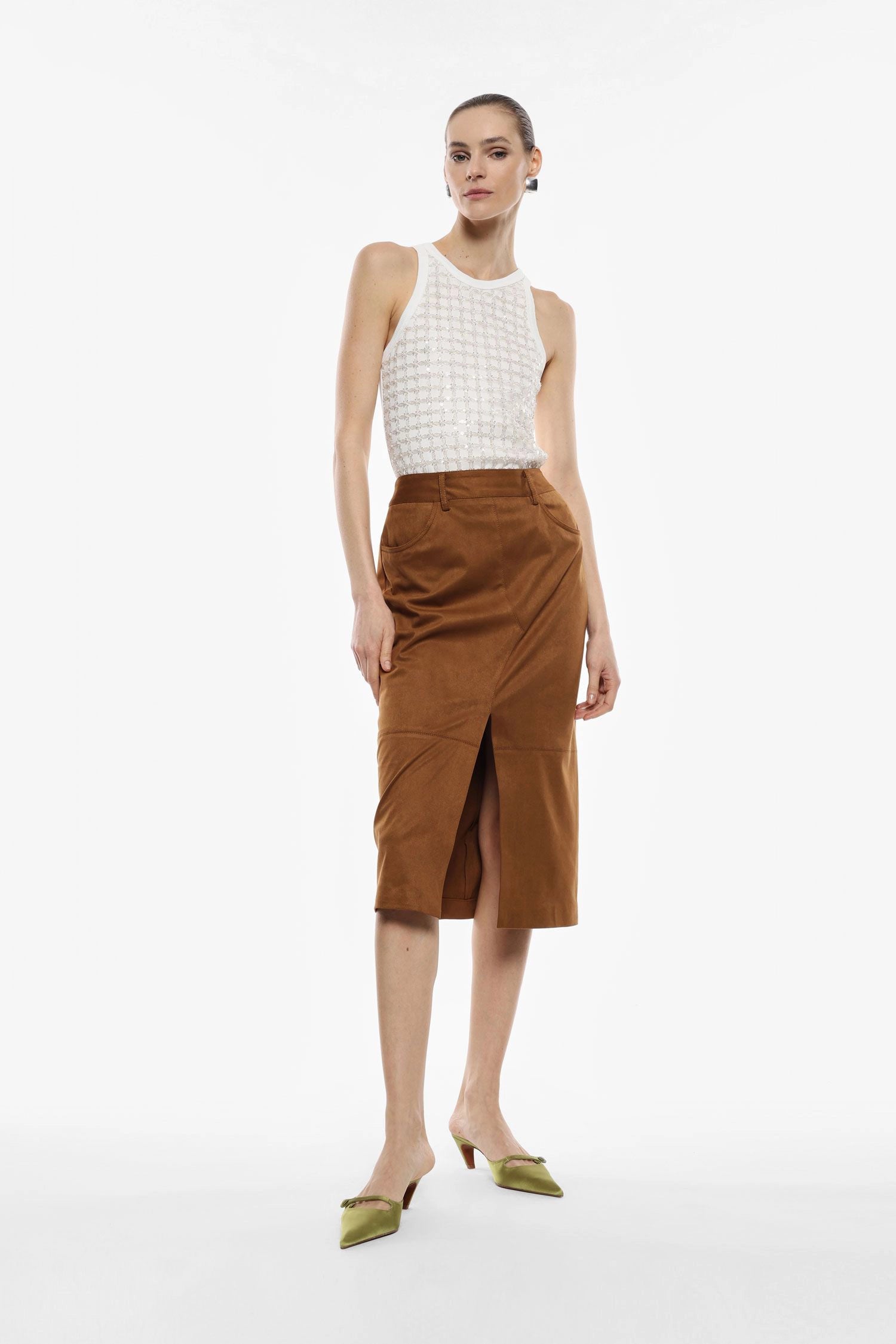 Midi Suede-Effect Skirt With Front Slit
