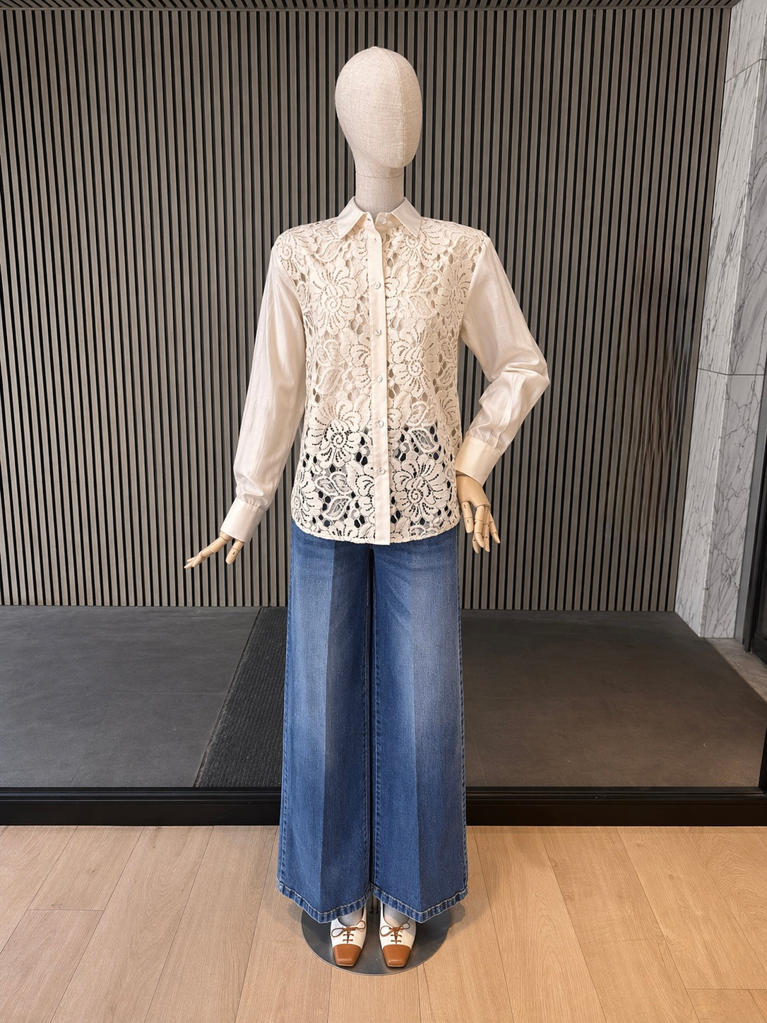 Beige Lace Shirt Blouse - Elegant Button-Up Long Sleeve Shirt