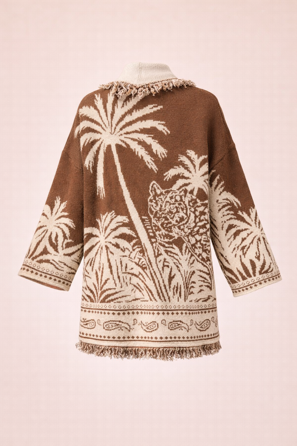 Palm Jacquard Belted Oversized Cardigan - Beige & Brown Boho Knit Jacket