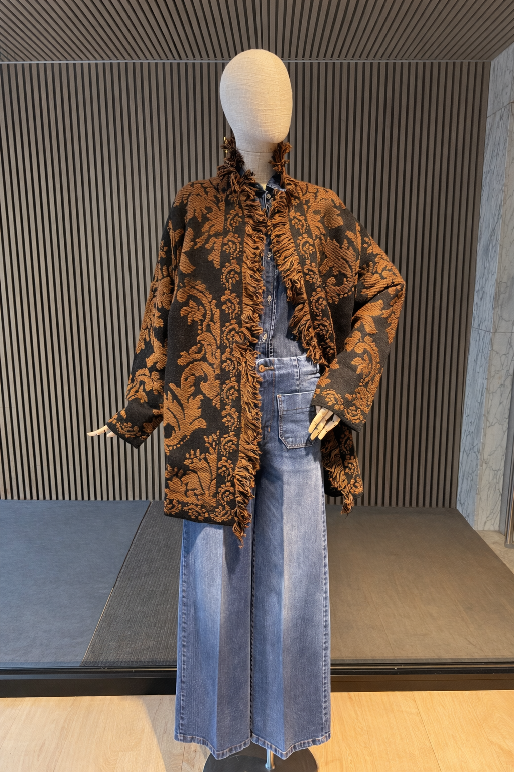 Black Damask  Fringe Relaxed-Fit Cardigan