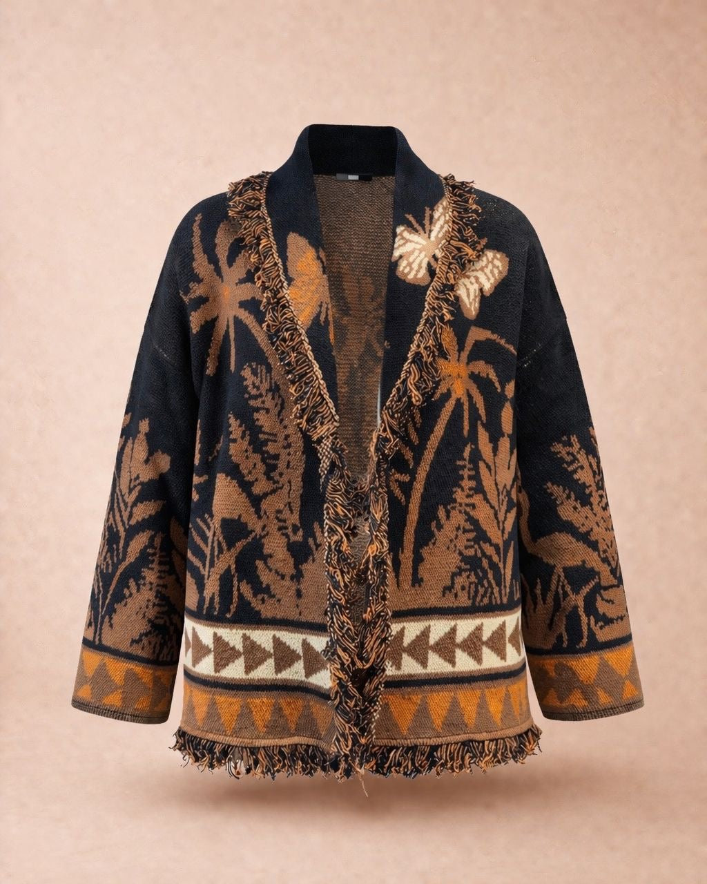 Palm Jacquard Oversized Knit Cardigan - Dark Navy & Brown Boho Statement Jacket