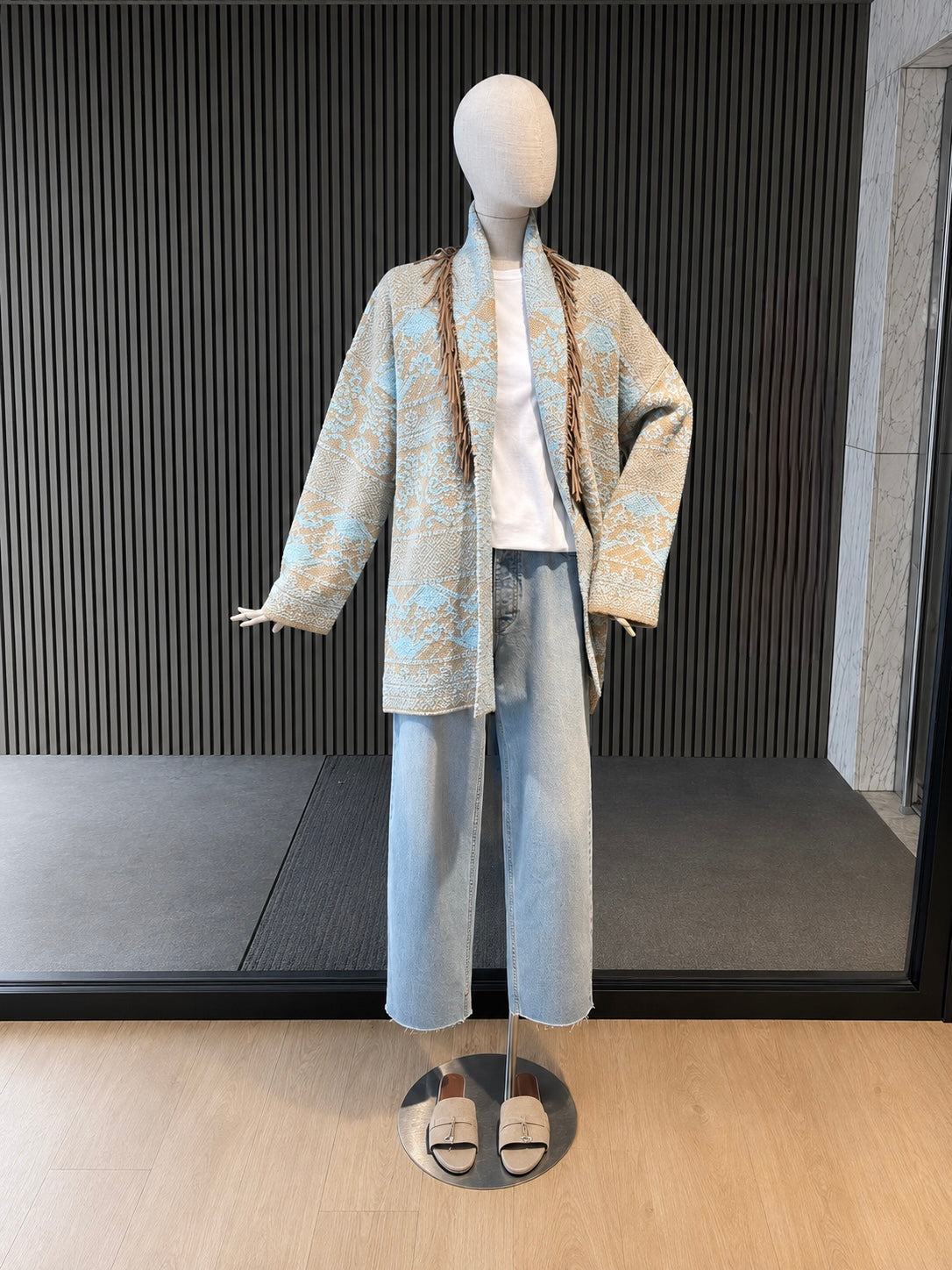 Boho Fringe Knit Oversized Cardigan Jacket - Sky Blue Tribal Pattern Belted Cardigan