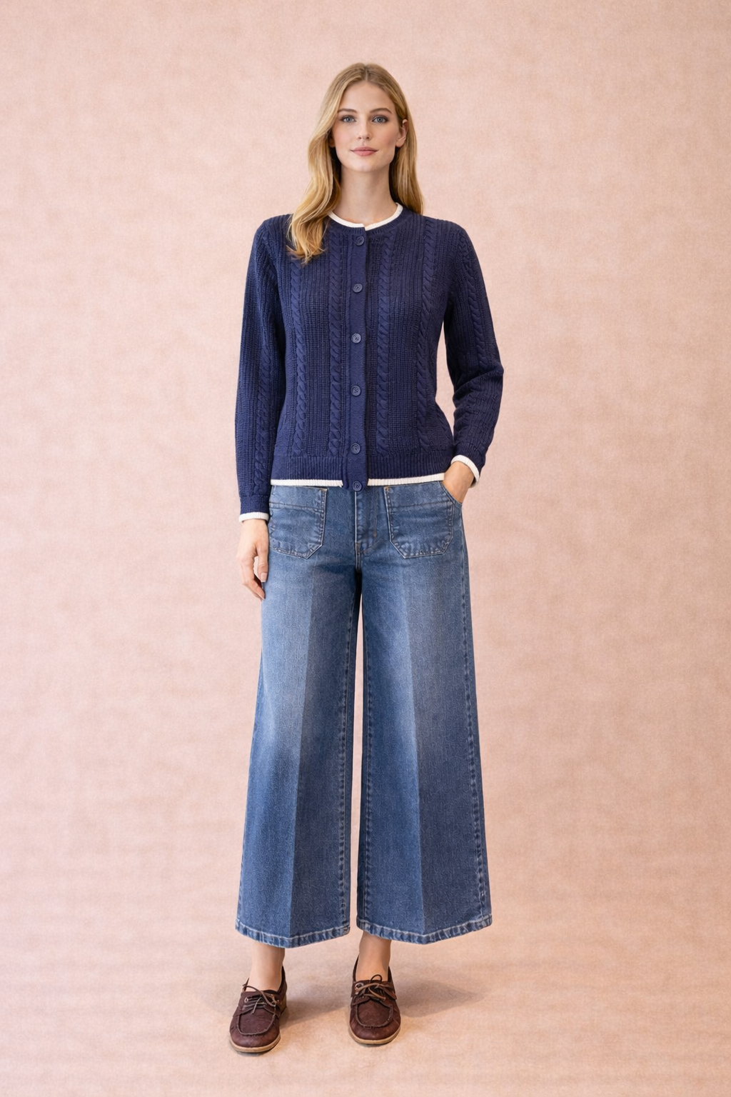 Navy Cable Knit Cardigan With White Trim - Women's Button Front Sweater