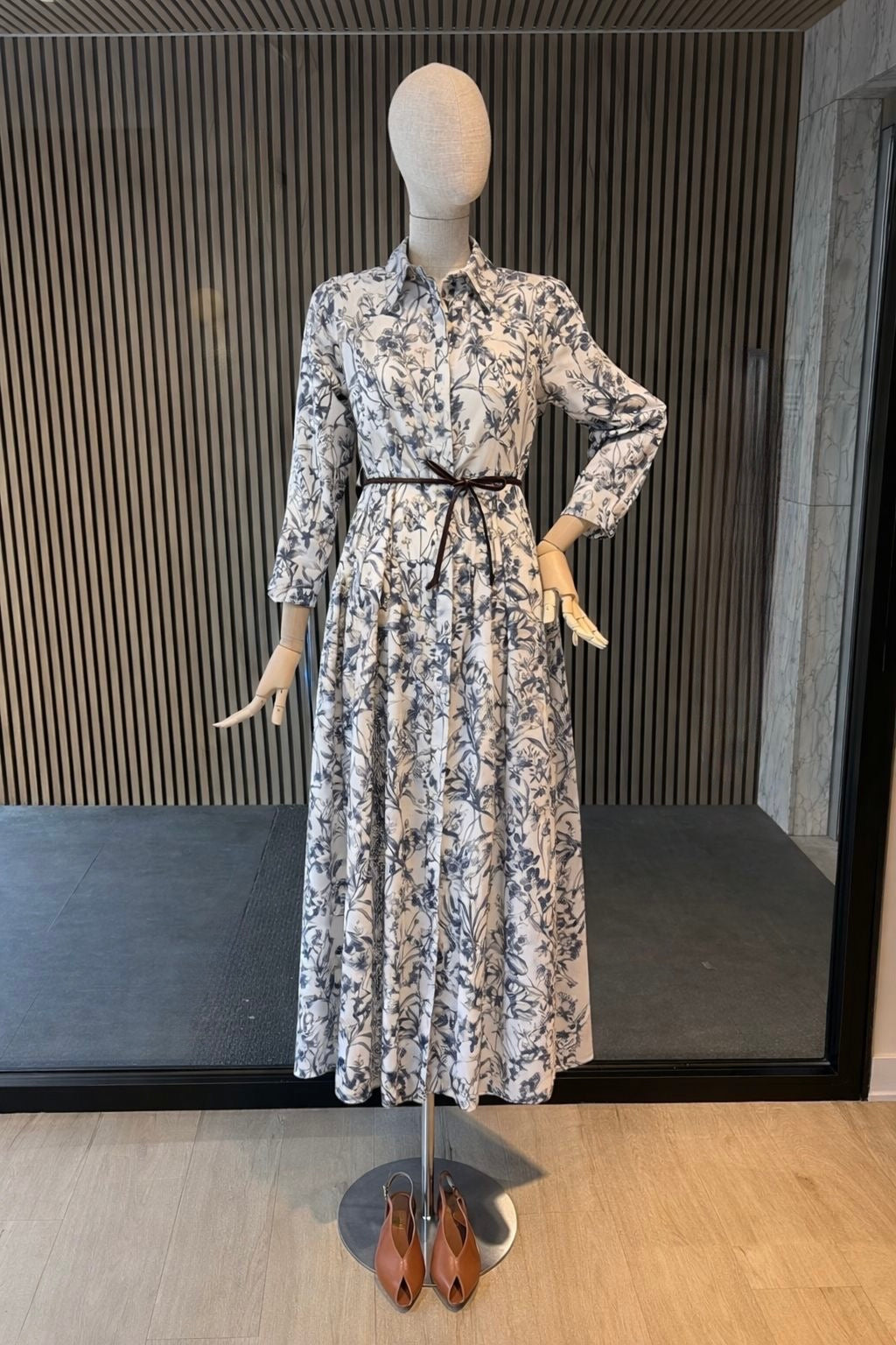 Blue Floral Maxi Dress - Elegant Long Sleeve Shirt Dress with Belt