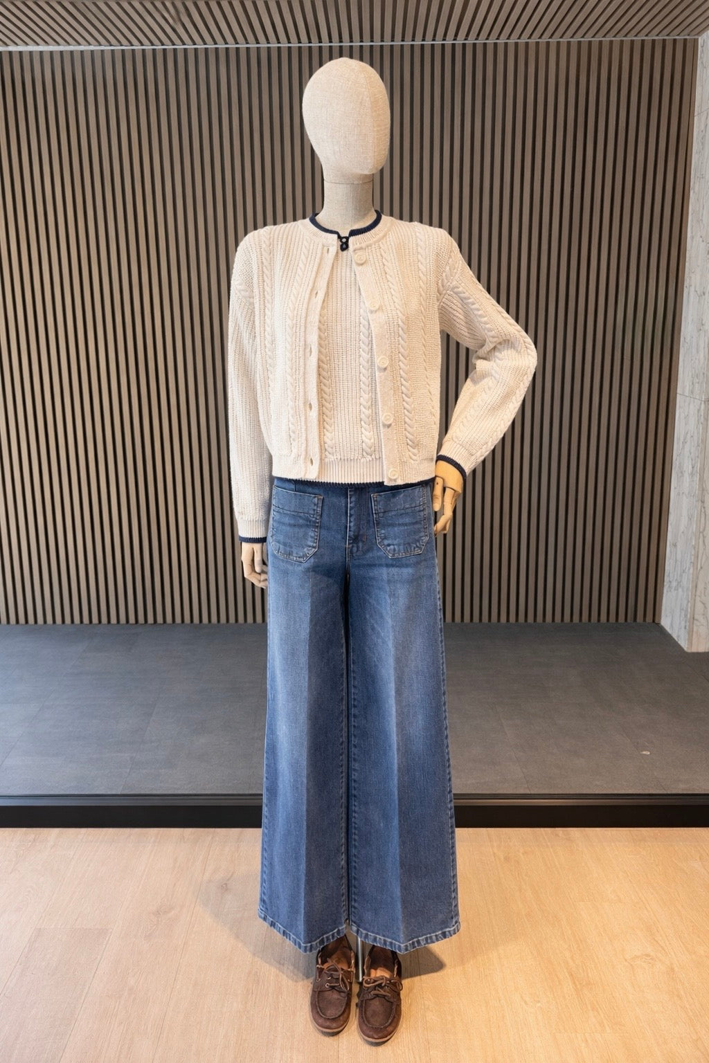 White Cable Knit Cardigan With Navy Trim - Women's Button Front Sweater