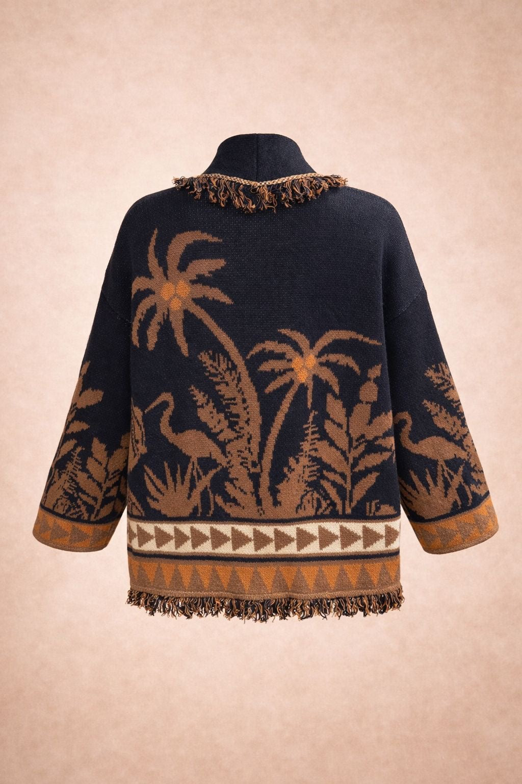 Palm Jacquard Oversized Knit Cardigan - Dark Navy & Brown Boho Statement Jacket