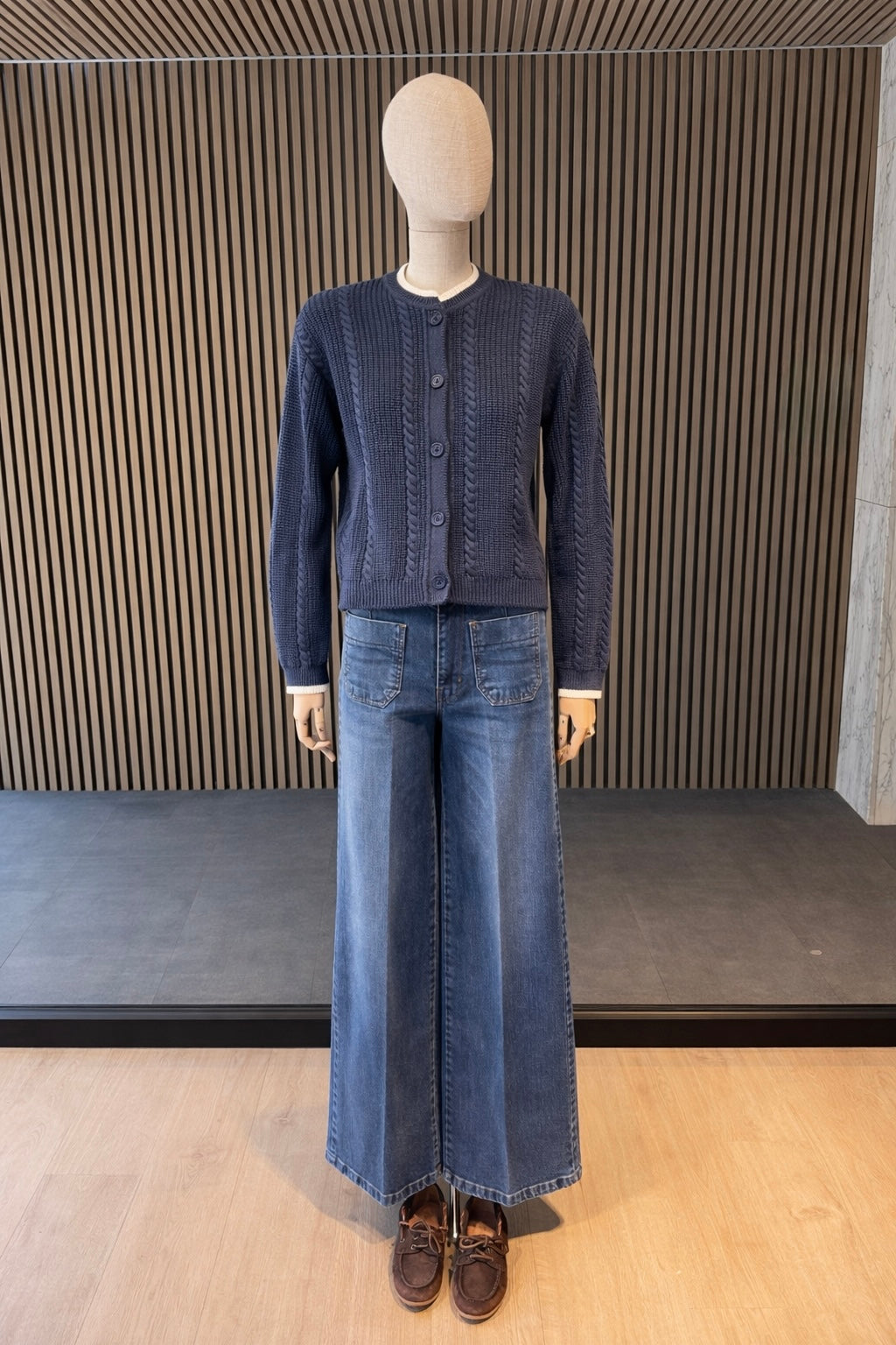Navy Cable Knit Cardigan With White Trim - Women's Button Front Sweater